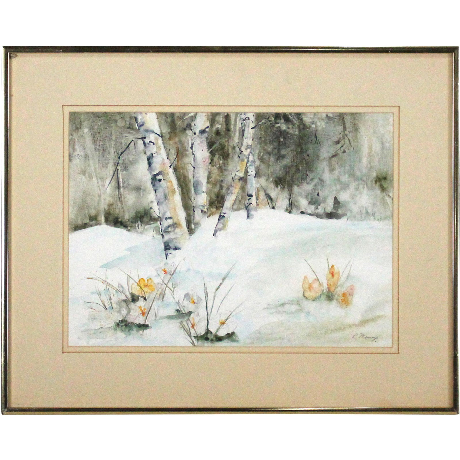 R Mangi, Watercolor Painting Birch Trees, Snow, Flowers (1 of 8)
