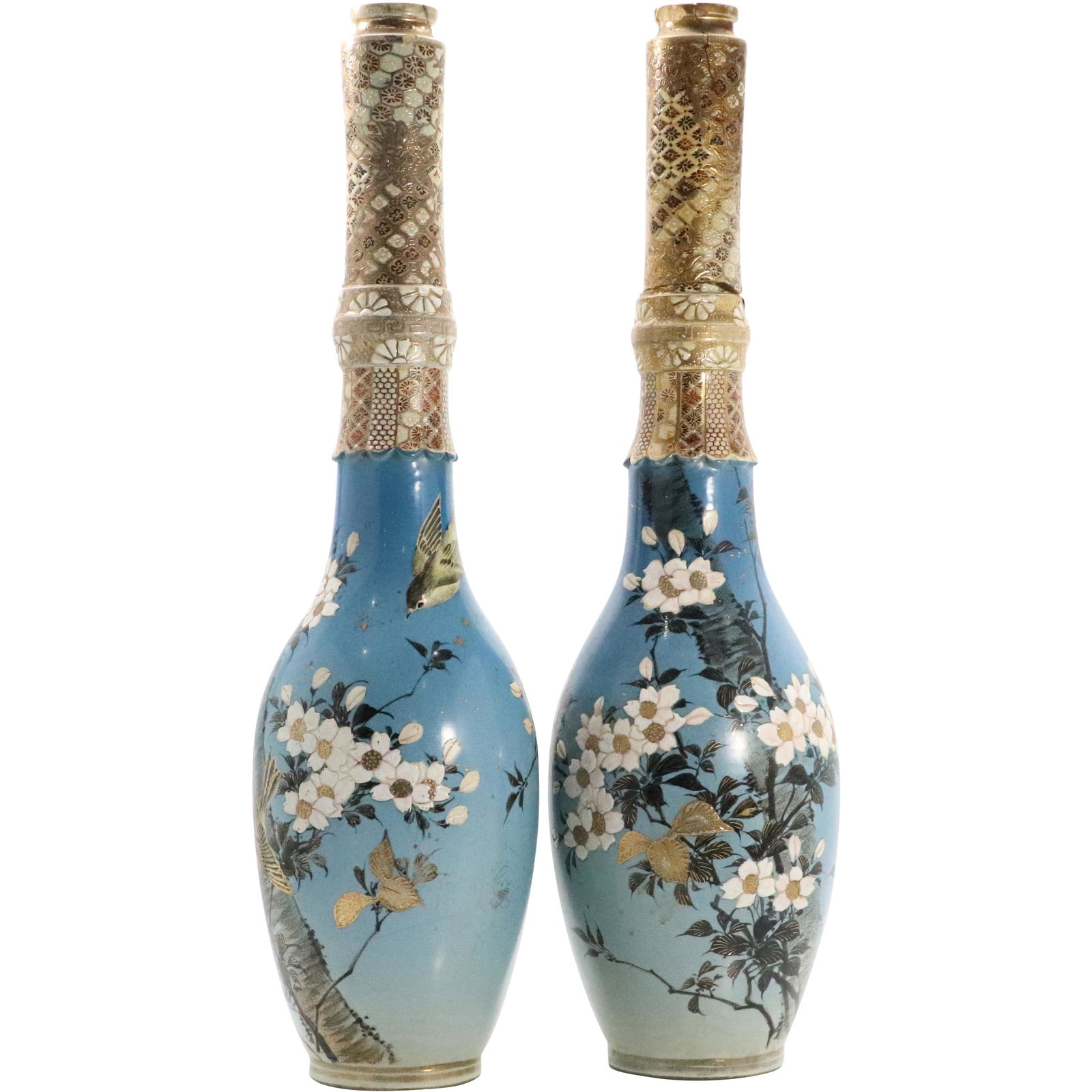 2 Circa 1910 Japanese Satsuma Bottle Neck Vases (1 of 10)