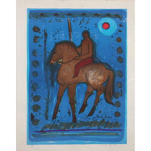 Nissan Engel A/P Lithograph Figure on Horse Mid-Century: Nissan Engel A/P Lithograph Figure on Horse Mid-Century. Pencil signed. not framed. Size: 26.5 h 20 w. ASKart: Nissan Engel (Born 1931) is active/lives in New York / Israel, France. Nissan Engel is kn