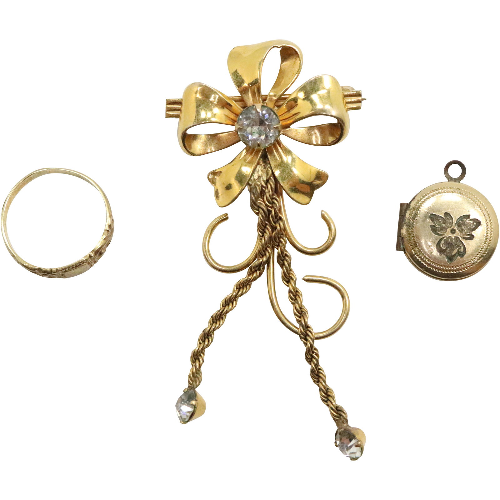 12K GF Bow Pin; 10K GF Baby Ring; 12K GF Locket: 12K GF Bow Pin 1 1/2 in. x 1 in. ; 10K GF Baby Ring 1/2 in. x 1/8 in. ; 12K GF Locket 1/2 in. diameter