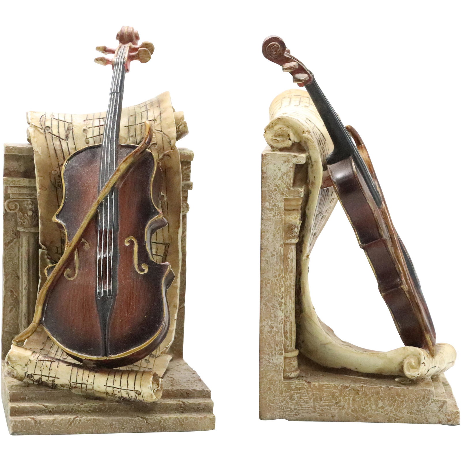 Vintage Violin and Sheet Music Bookends: Vintage Violin and Sheet Music Bookends, Hard Composite. Original paint finish. Size: 8.5 h 4.5 w