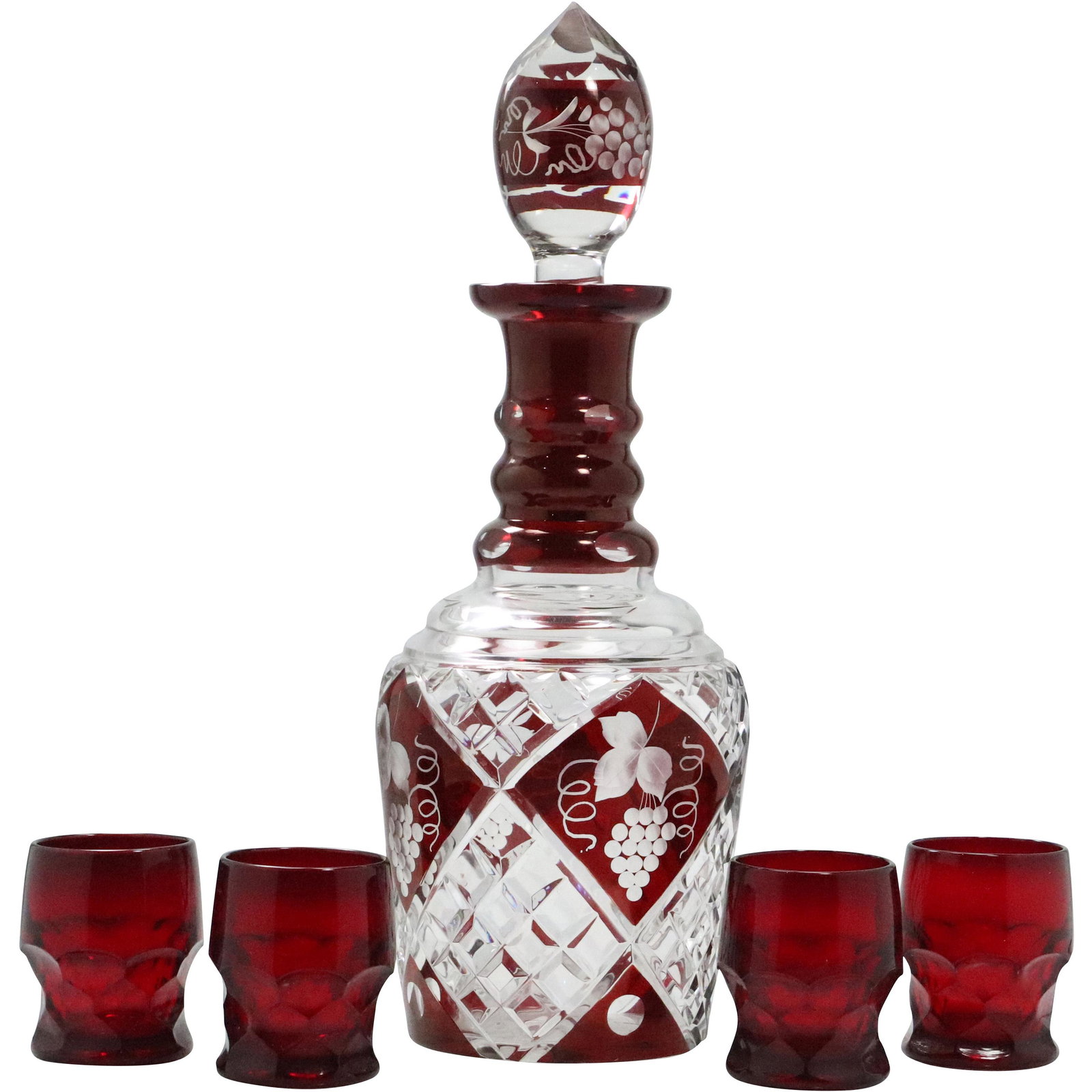 Red Bohemian Glass Liquor Decanter, 4 Ruby Tumblers (1 of 16)