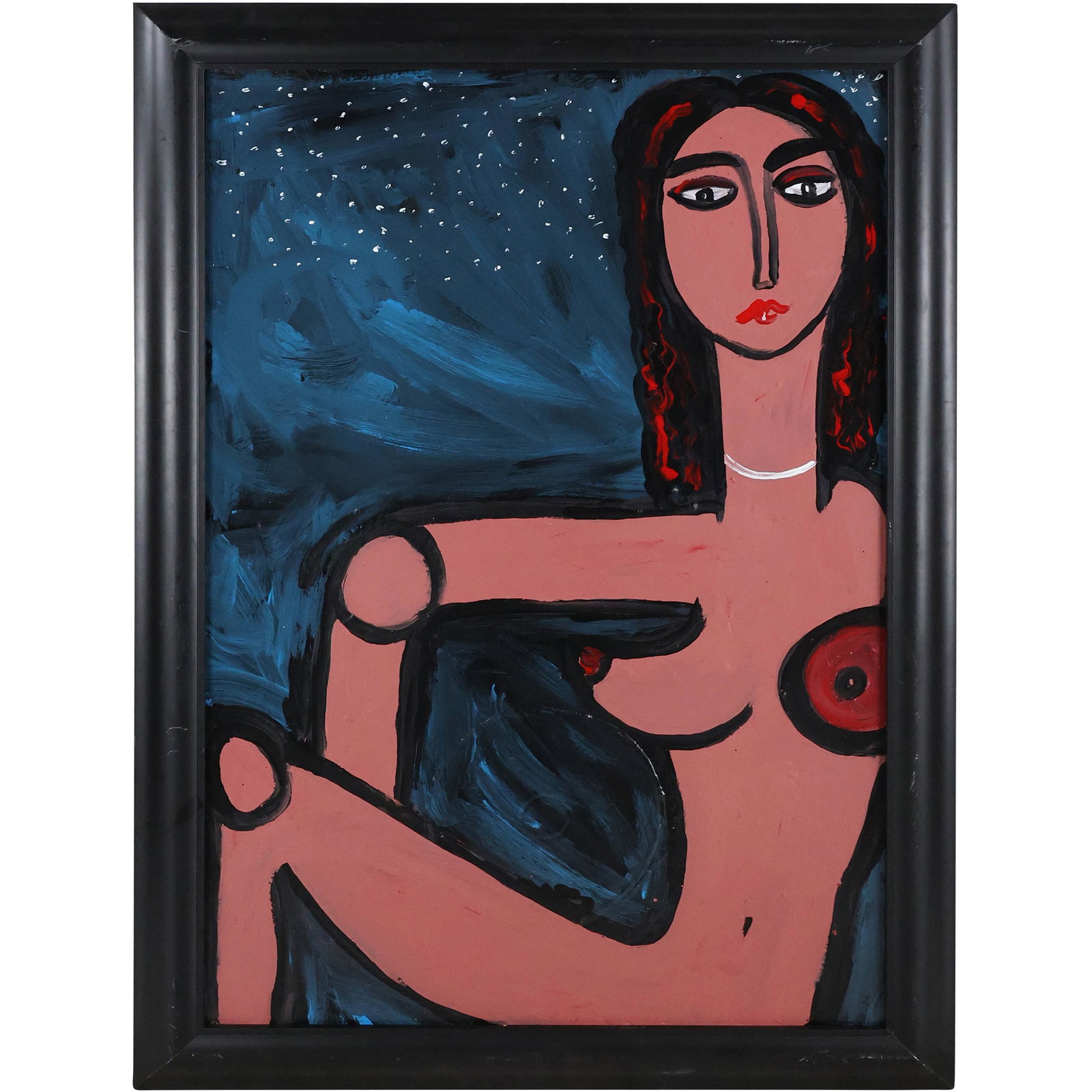 Thomas Pulgini, Listed American Abstract Nude Woman O/b: Thomas Pulgini, Listed American Abstract Nude Woman O/b. Nude woman under the Night Stars. Oil on board painting, Signed on verso, Framed. Well listed American Artist. Size: 35.5 x 23.5 in image, 40.5