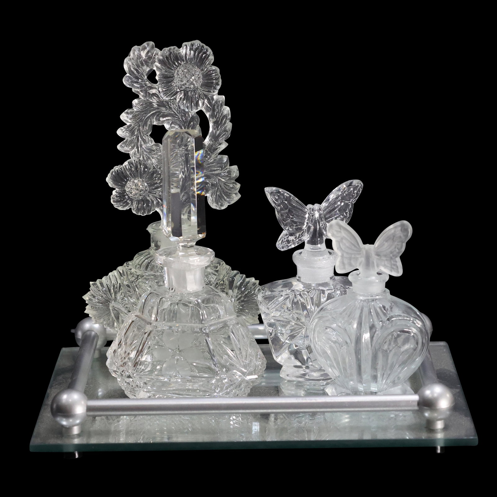 4 Fancy Art Deco Glass Perfume Bottles with Mirror Tray (1 of 6)