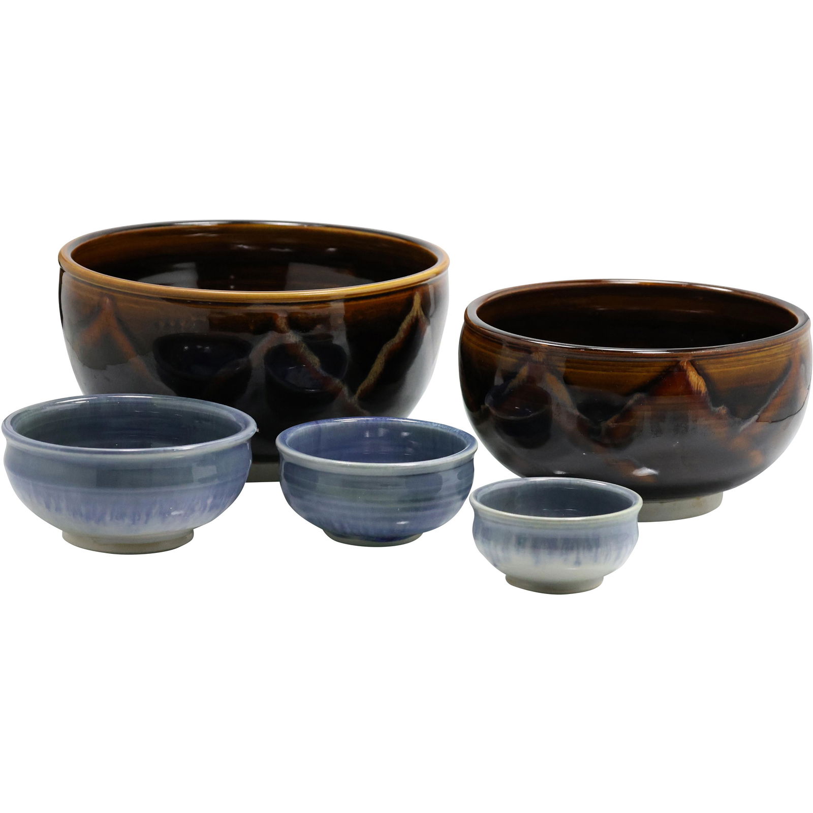 5 Studio Art Pottery Bowls: 2 Brown, 3 Blue (1 of 9)