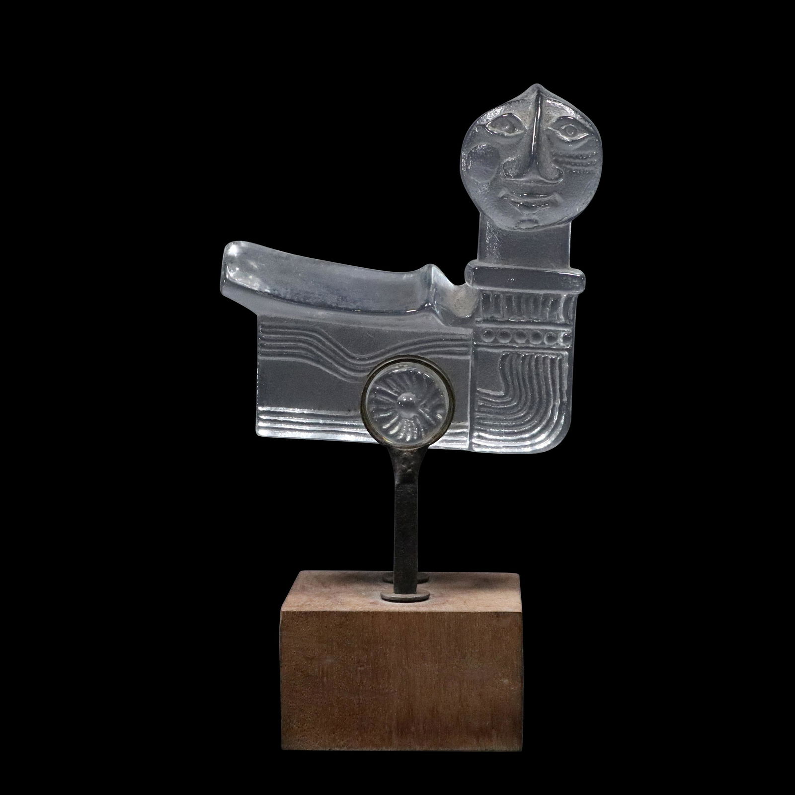 Bertil Vallien for Kosta Boda Glass Train Sculpture: Bertil Vallien for Kosta Boda Glass Train Sculpture on metal and wood display stand. Swedish. Size: between 7 h and 4.25 6.5 w