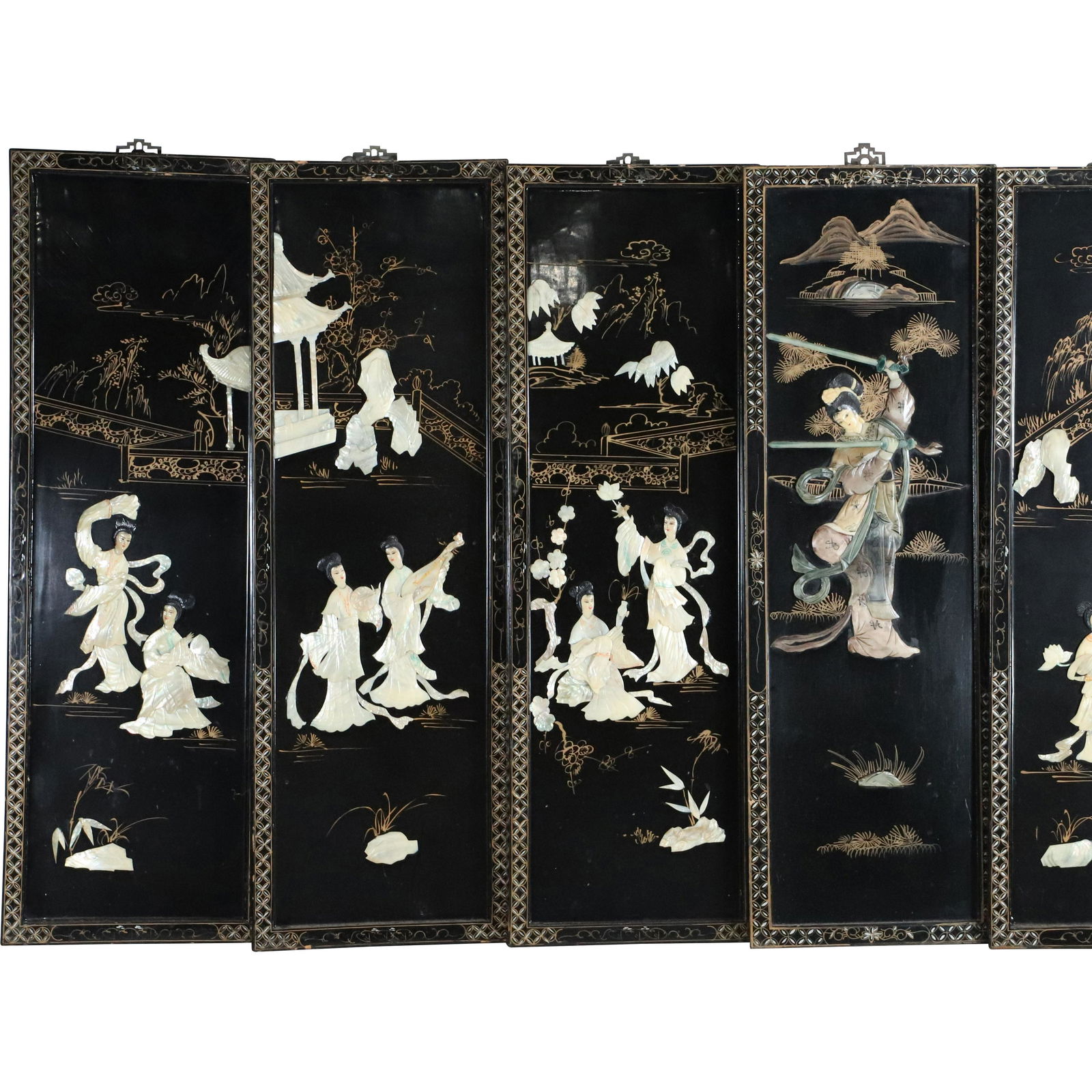 6 Panels Wall Hanging Chinese Black Lacquer Hardstone (1 of 18)