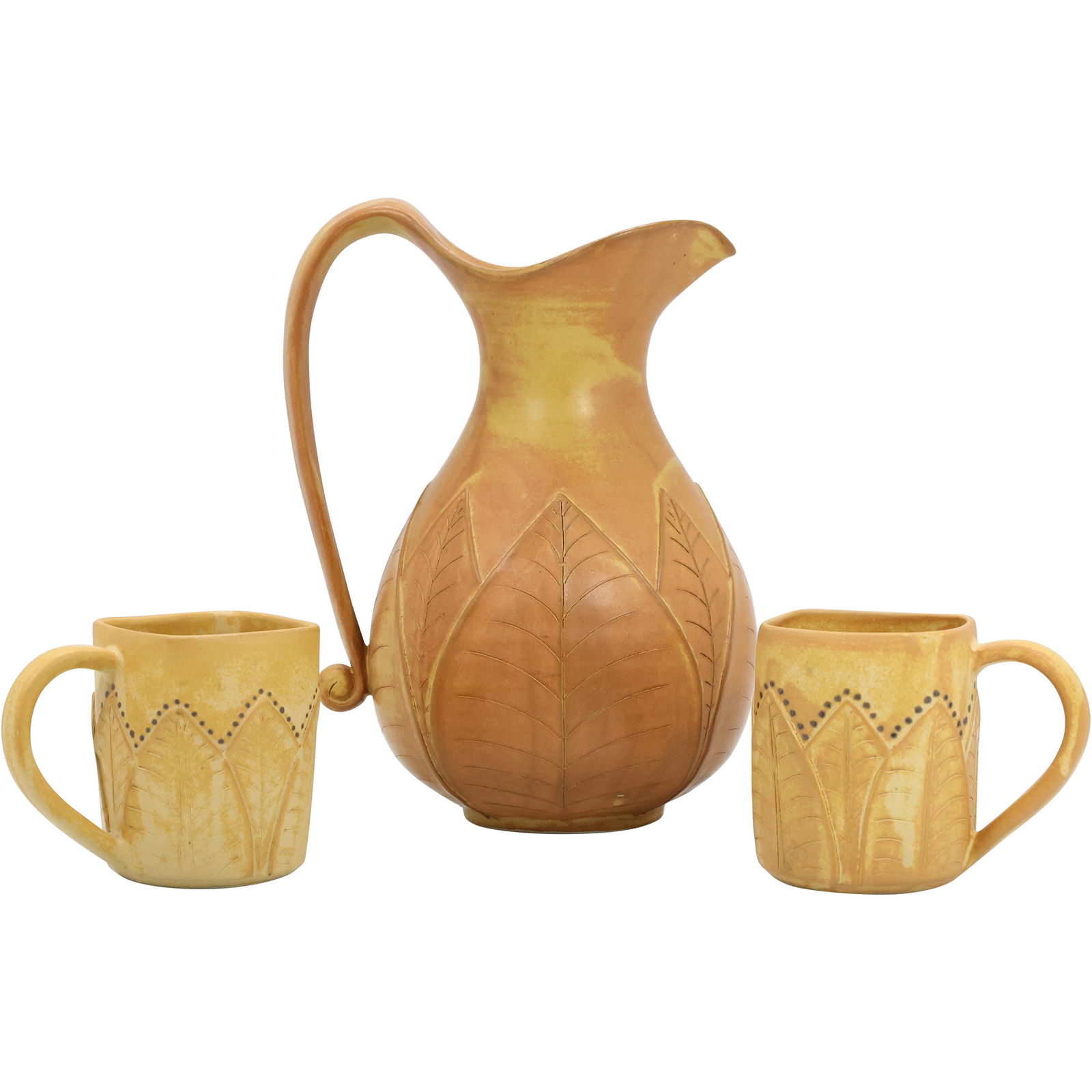 Arts & Crafts Amber Pottery Pitcher and Two Mugs (1 of 12)