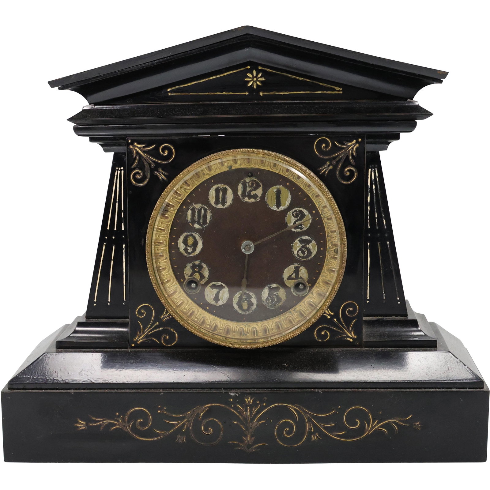 Black Iron Case Edwardian Mantle Clock Incise Accents: Black Iron Case Edwardian Mantle Clock Gold Incise Accents. Antiqur Size: 12.5 h 14 w