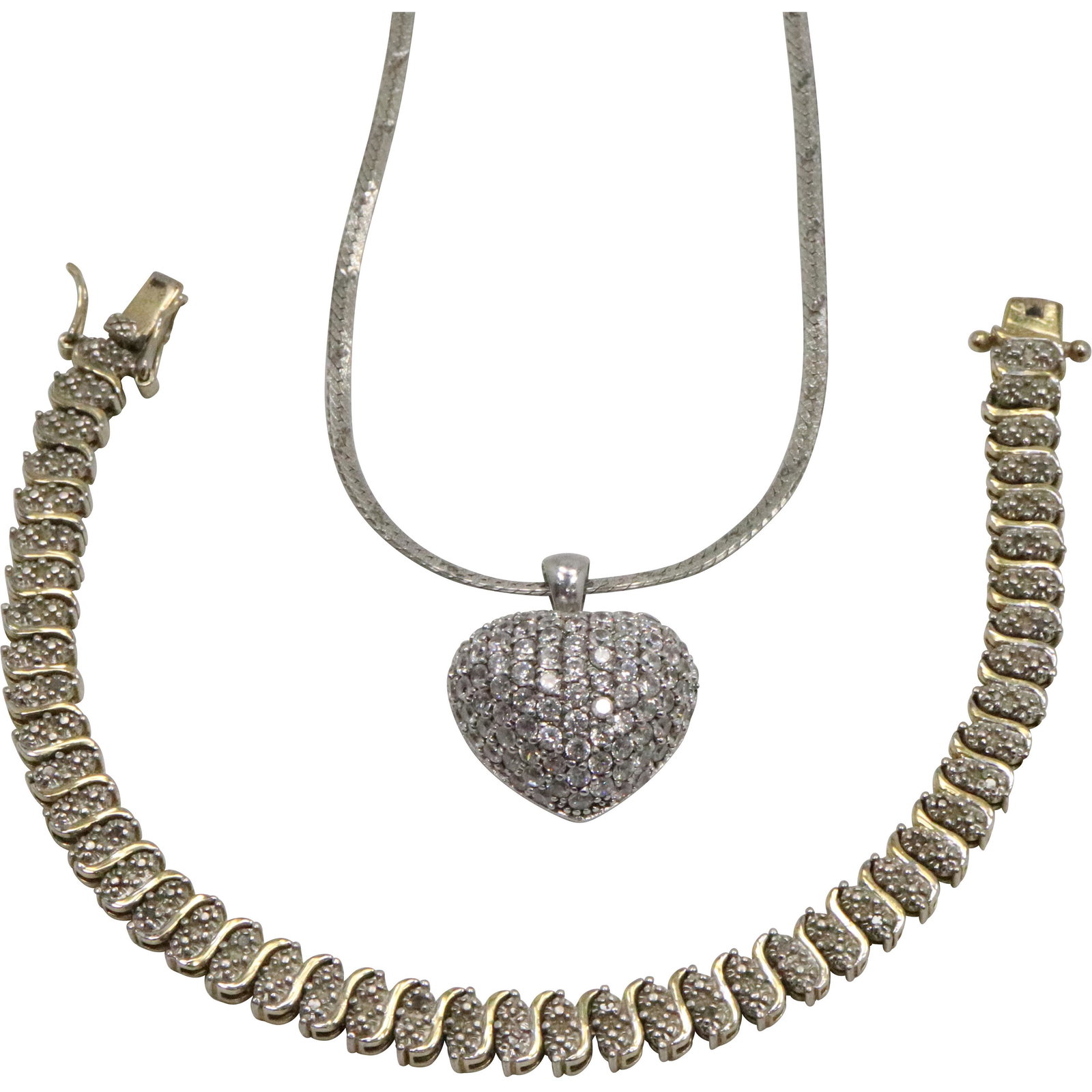 .925 Sterling Diamonds Tennis Bracelet; .925 Heart Pend (1 of 9)