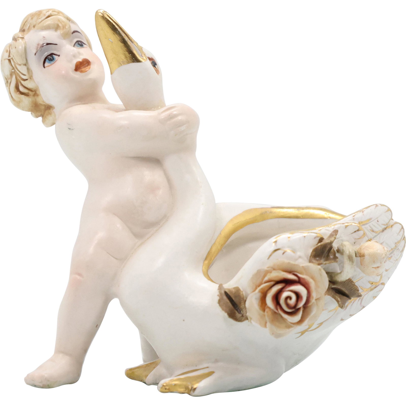 Benrose Capodimonte Child Holding Neck of Goose Planter: Benrose Capodimonte Child Holding Neck of Goose Planter. Marked on base. Size: 5 h 5.5 w