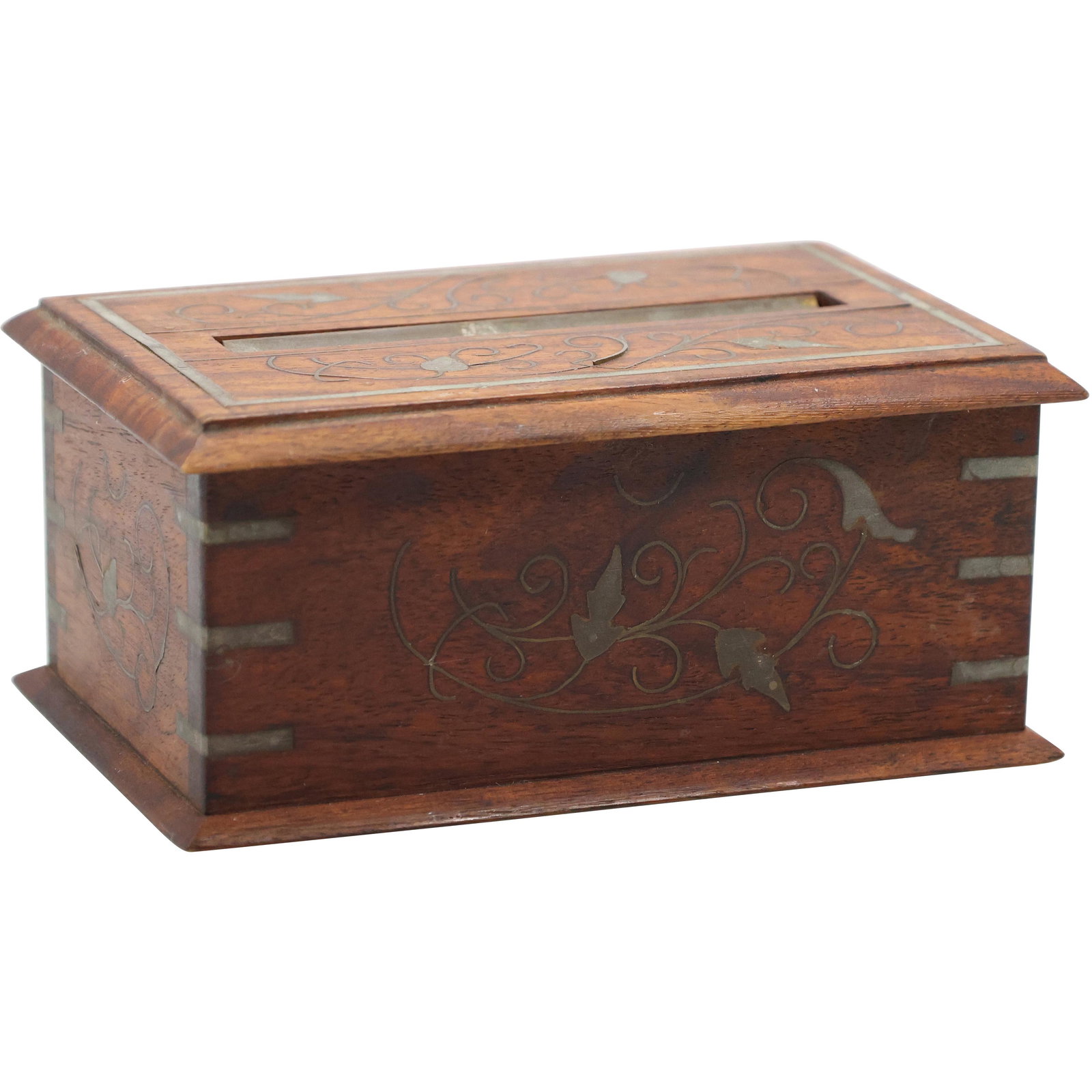 Ornate 19th C. Metal Inlaid Mahogany Ballot Box (1 of 5)