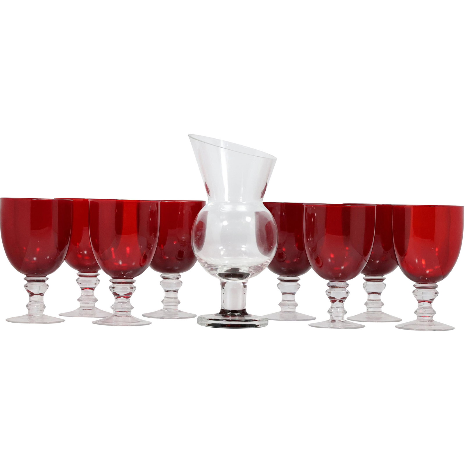 8 Ruby Red Stem Goblets and Glass Carafe Pitcher (1 of 9)