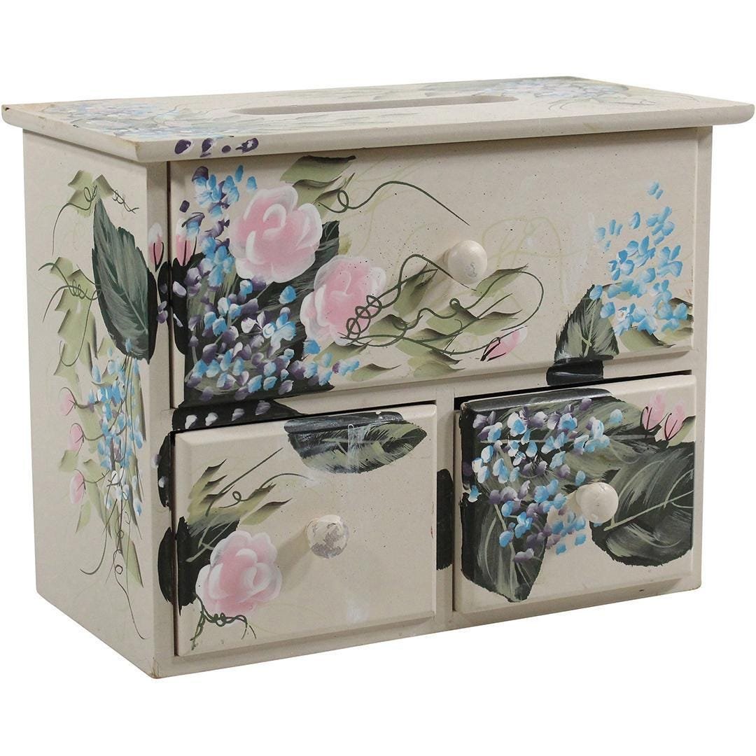 Kenyield Wood Hand Painted Tissue Box - Floral: Kenyield Wood Hand Painted Tissue Box - Floral. Size: 9.5 , 12 x 6