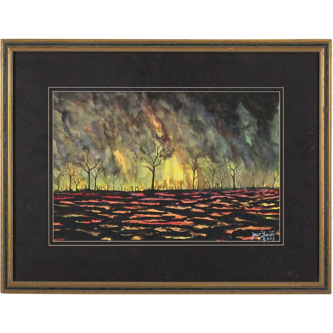 Jose Baiao; Watercolor Painting Forest Fire, Signed (1 of 11)