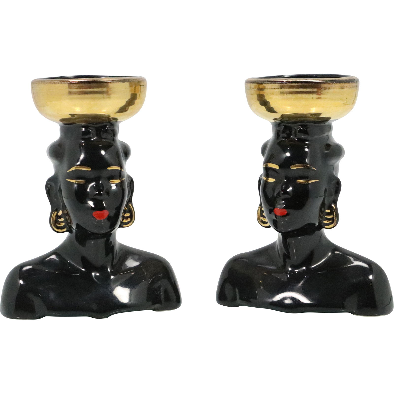 [2] Ceramic Black & Gold  African Busts Candle Holders (1 of 9)