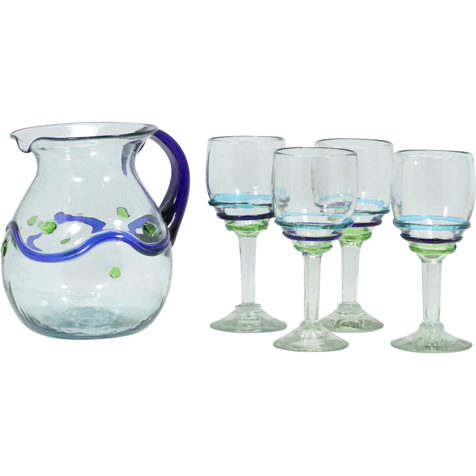 5 Pc Lemonade Set Pitcher & 4 Stem Goblets Blue Accents (1 of 13)