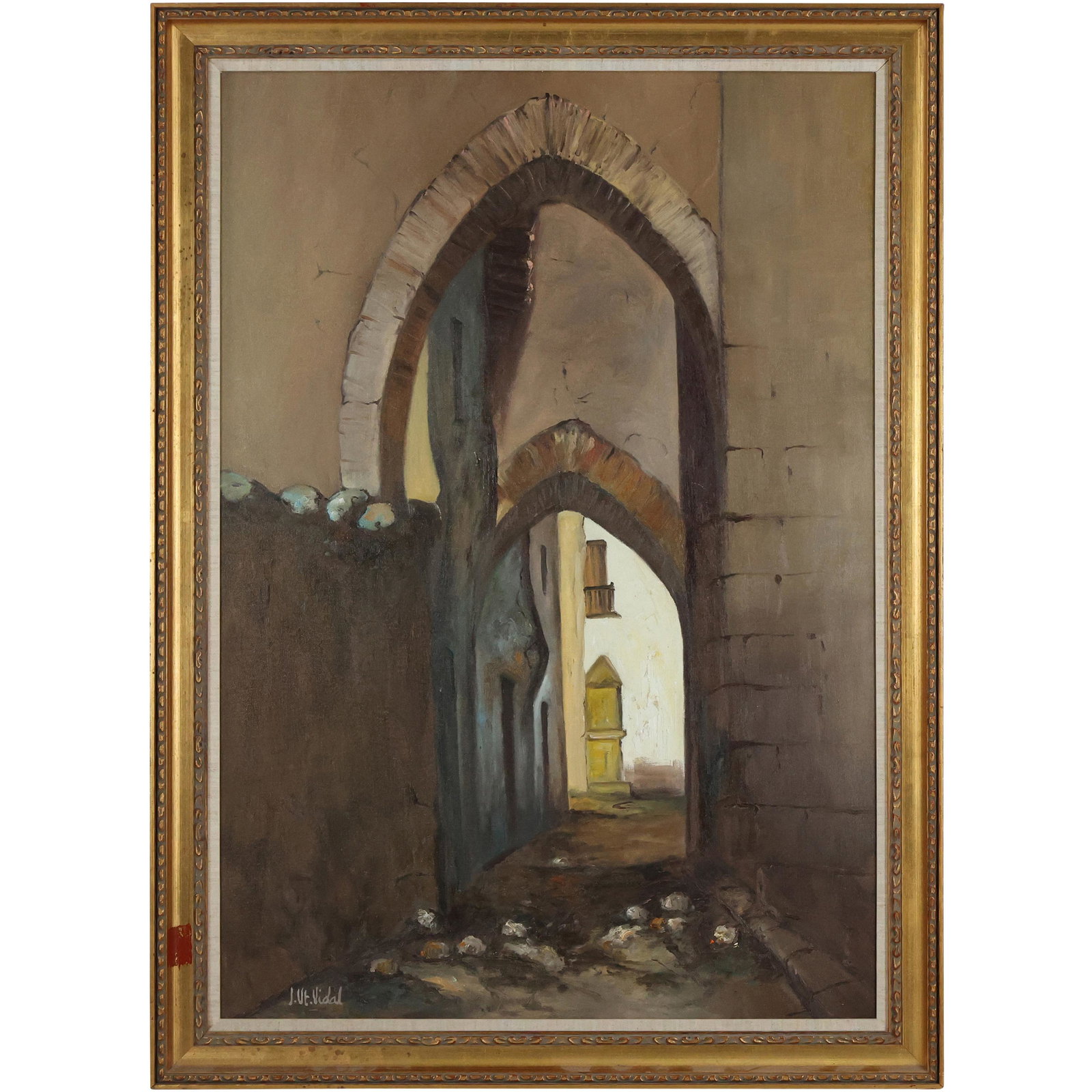 J Vt Vidal, Oil/c Painting Stone Archway Village Alley (1 of 9)