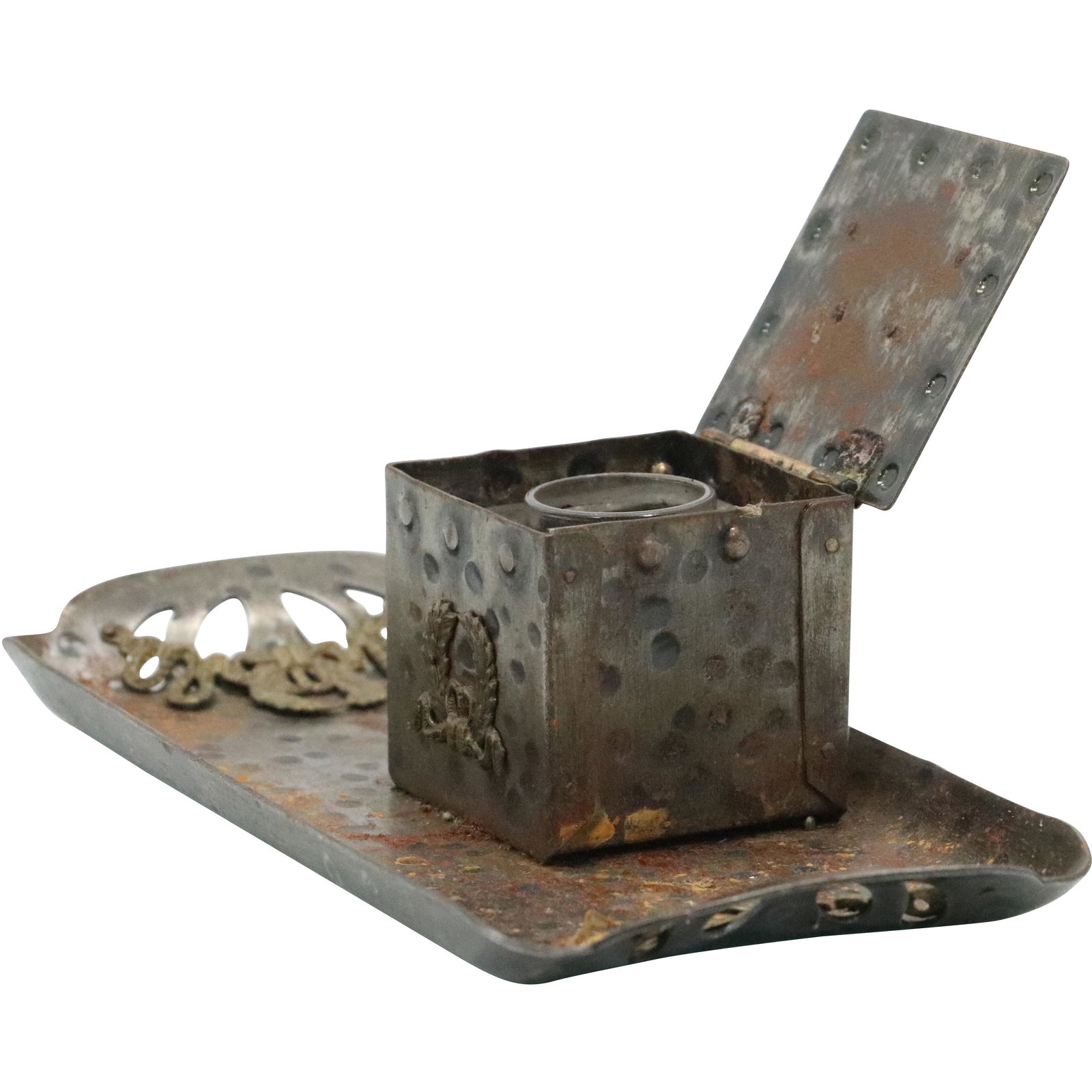 Arts and Crafts Hand Hammered Metal Desktop Inkwell (1 of 8)