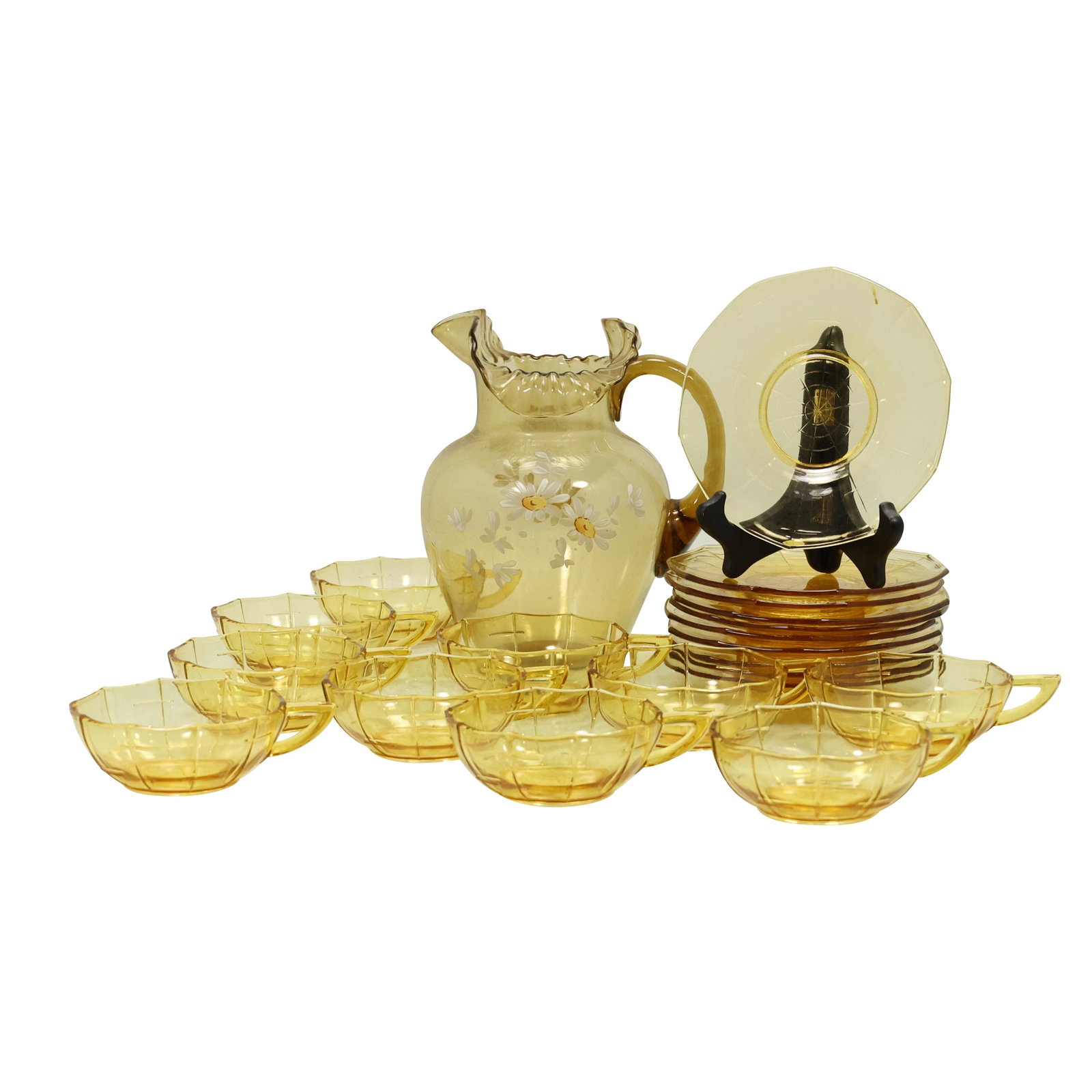 10 Yellow Glass Porringer Cups, 10 Plates; 1 Pitcher: 10 Yellow Glass Porringer Cups, 10 Under Plates; 1 Pitcher. 21 pieces total yellow glass. Vintage. Size: pitcher 8.5hx 6.5w in, 10x cups 4.5x2 in, 10x plates 6.25in diameter