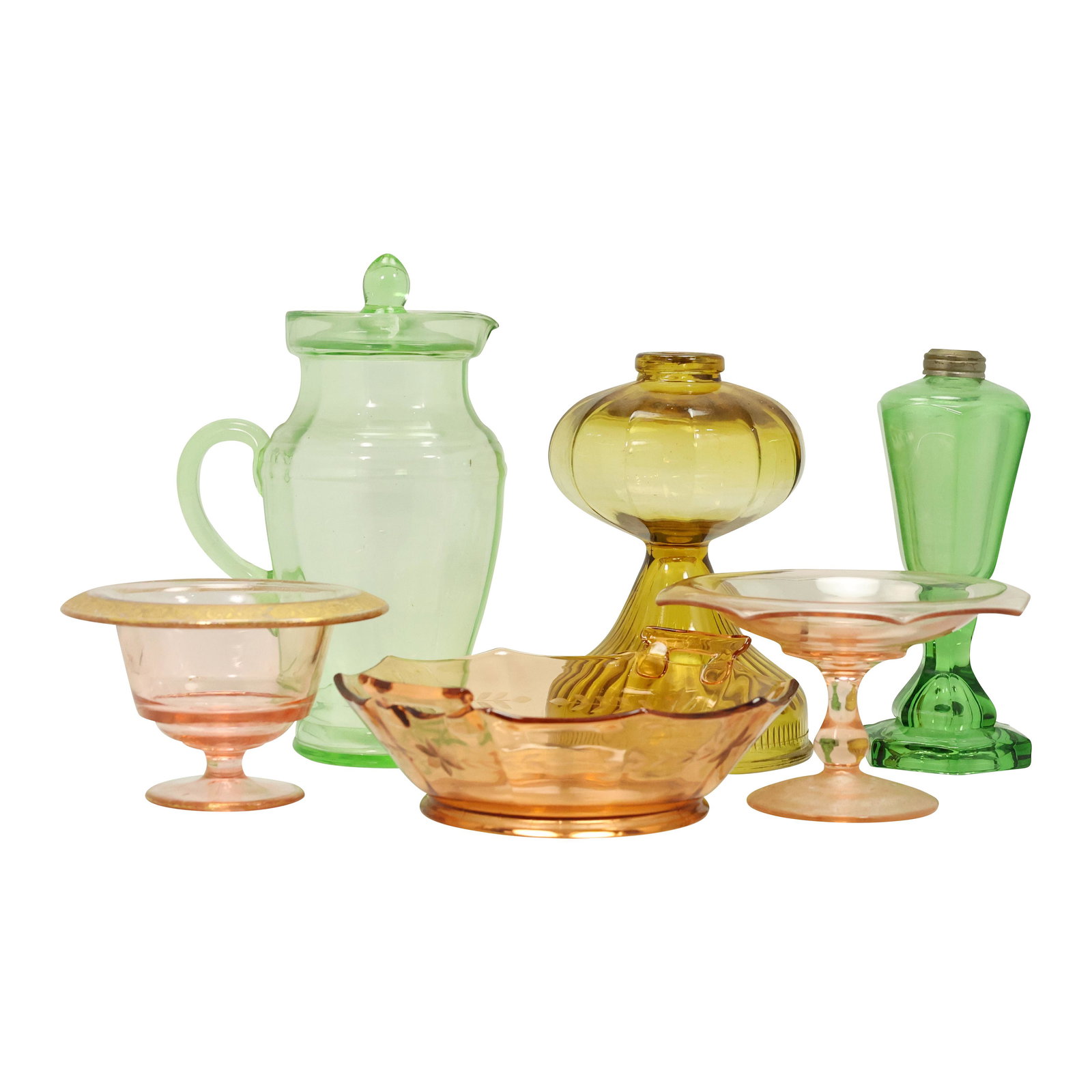 6 Assorted 1930s Color Depression Glass Pitcher, Lamps, (1 of 12)