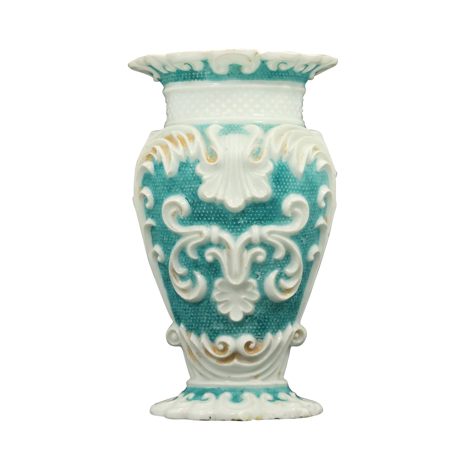19th C. Meissen? Green & White Porcelain Vase: 19th C. Meissen? Green & White Porcelain Vase. Blue crossed swords marking. Size: 5.75h x 3.25l x 2.75w in