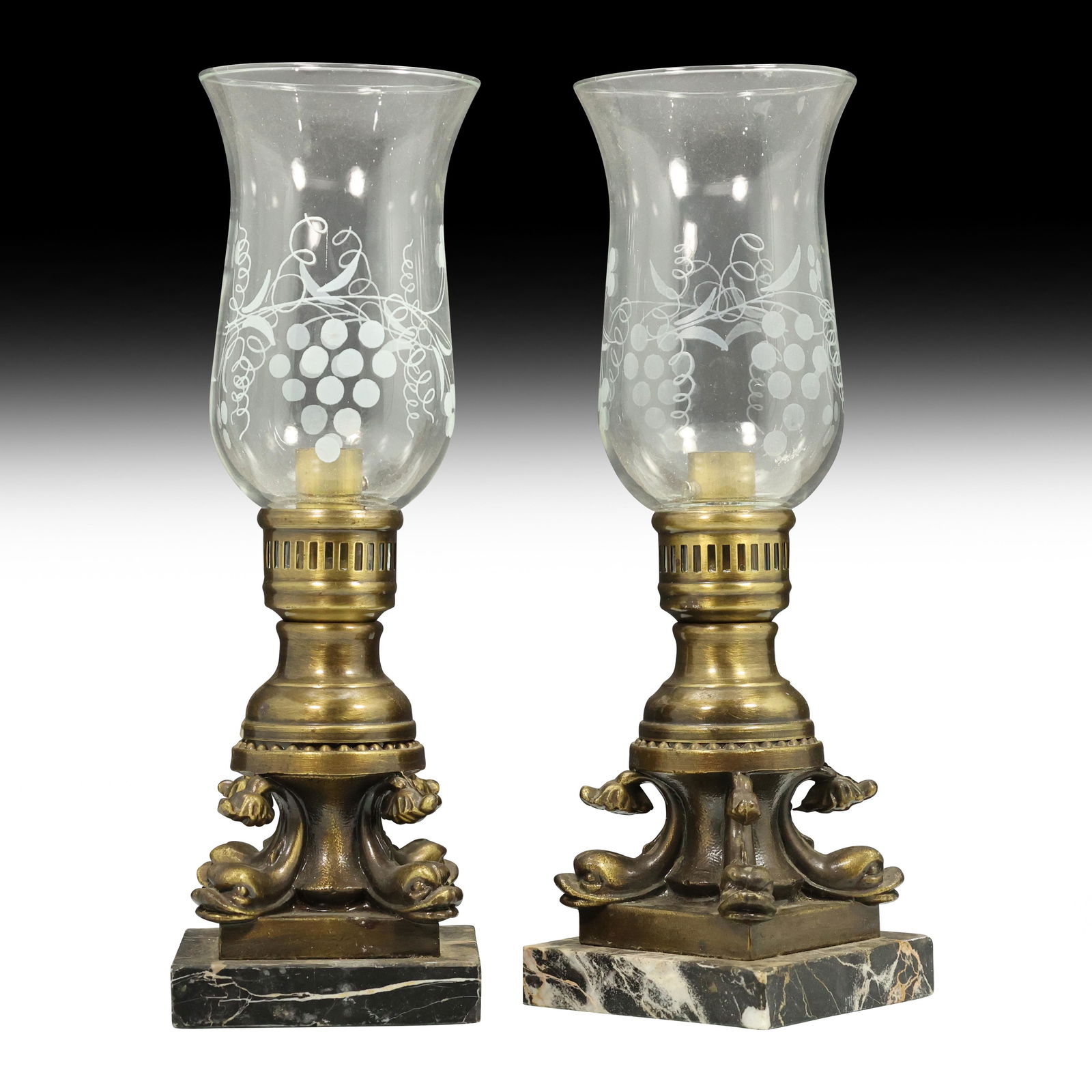 Pair French Empire Bronze Dolphin Base Hurricane Lamps (1 of 11)