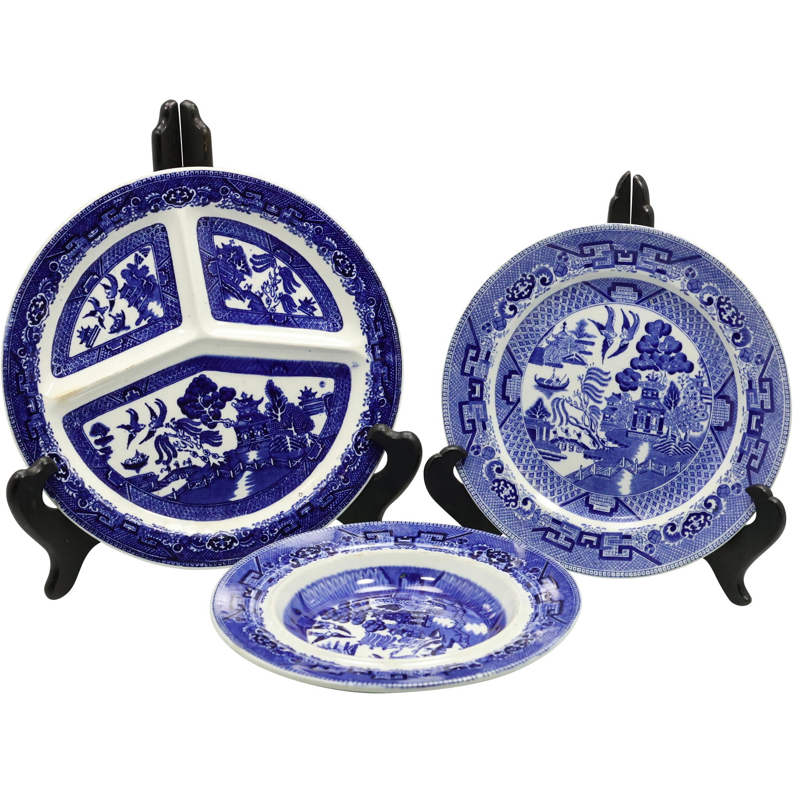 3 Assorted Blue Willow Ironstone Plates, 1 Divided (1 of 14)