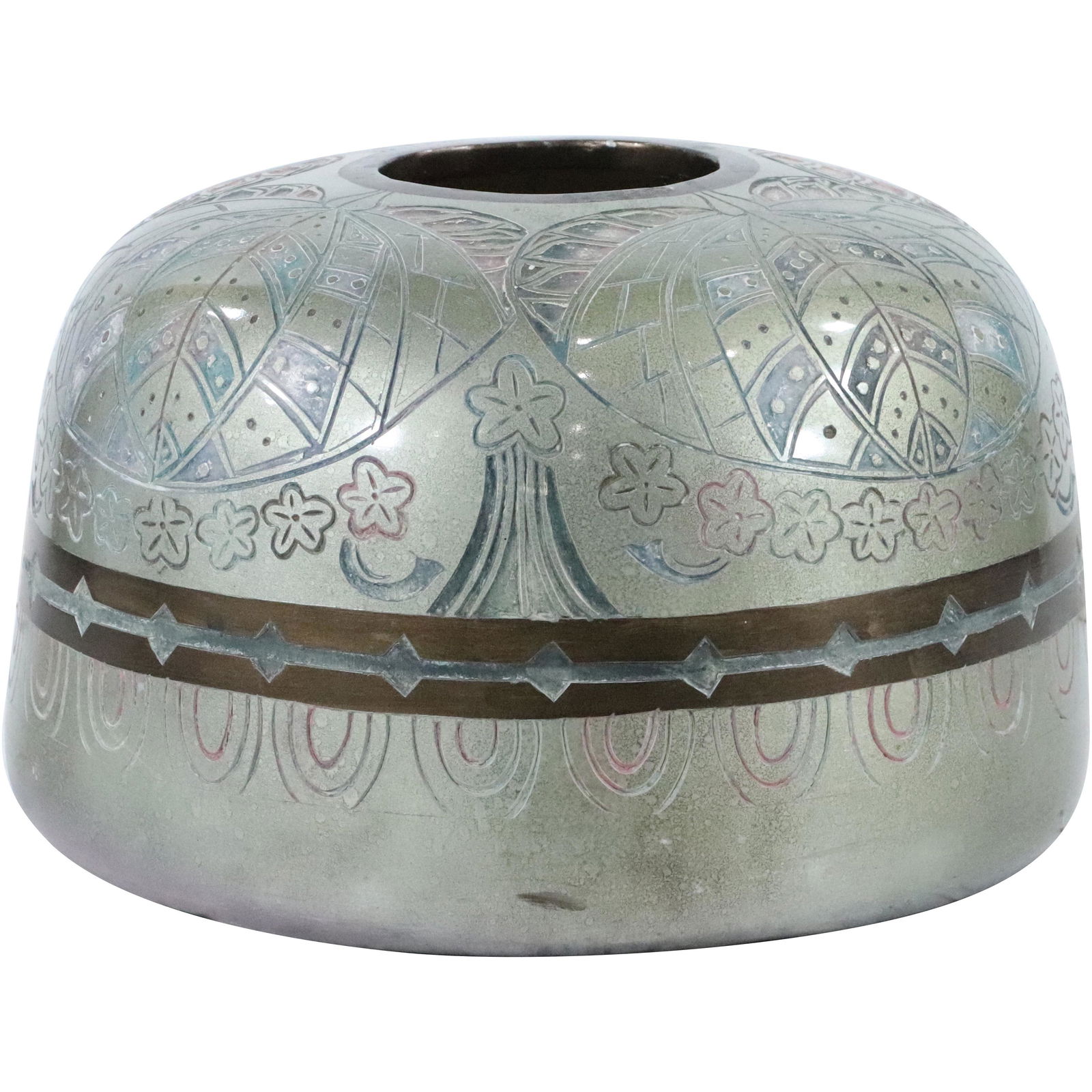 Incised Decorated Ceramic Low Planter Vase (1 of 12)