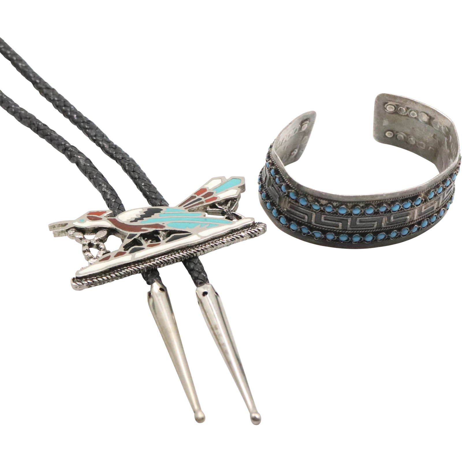 Road Runner Tie Necklace & Silver Cuff Turquoise: Road Runner Tie Necklace & Silver Cuff Turquoise bracelet. Size: 12 in. x 2 1/2 in. x 1 1/8 in. ; and 2 3/8 in. x 1 in. cuff