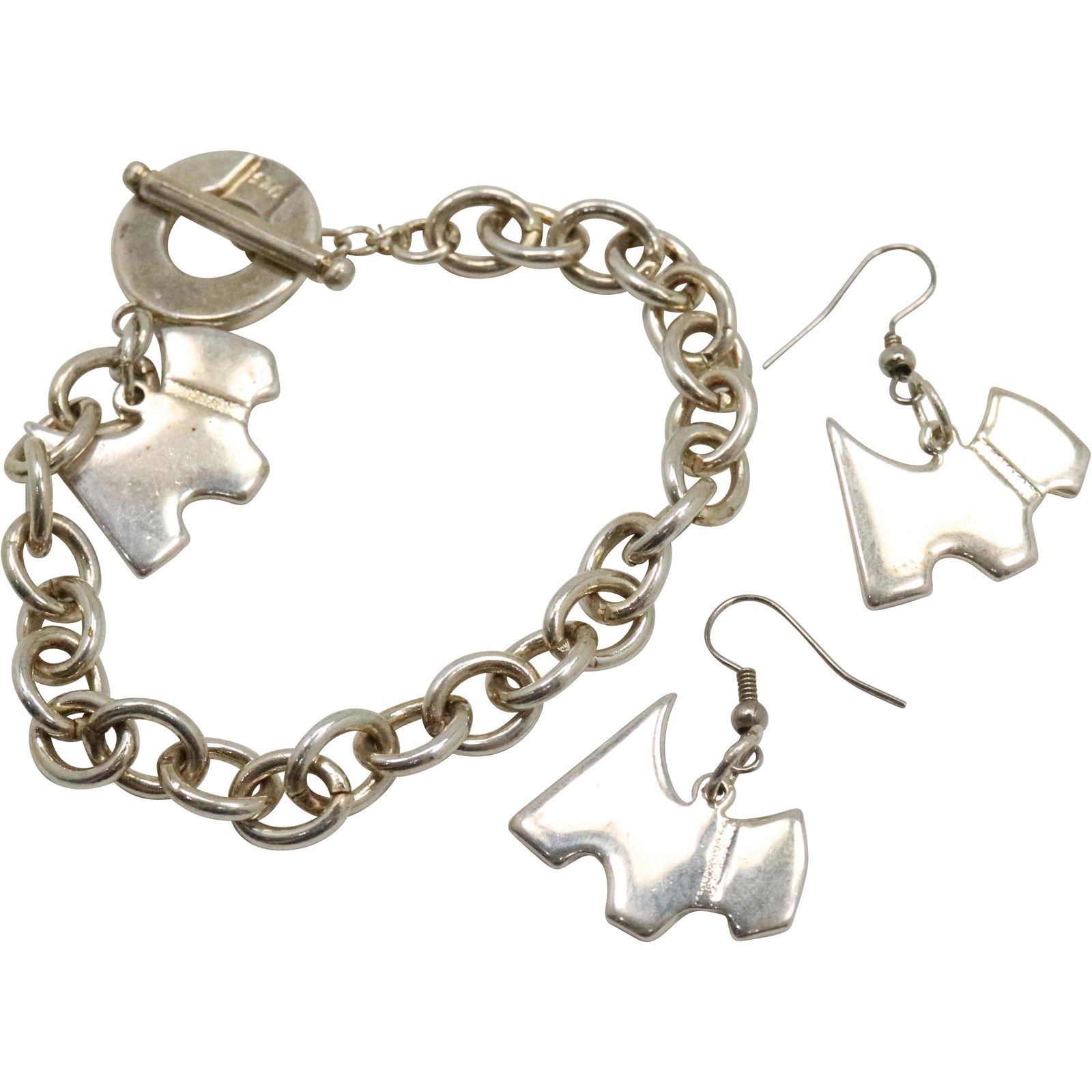 Tiffany & Co .925 Sterling Scotty Dog Earrings Bracelet: Tiffany & Co .925 Sterling Scotty Dog Earrings and .925 Tiffany & Co Dog Charm Bracelet. Both marked: .925 Tiffany & Co. Size: Earrings 1 in. x 3/4 in. ; bracelet 8 in. x 3/8 in.