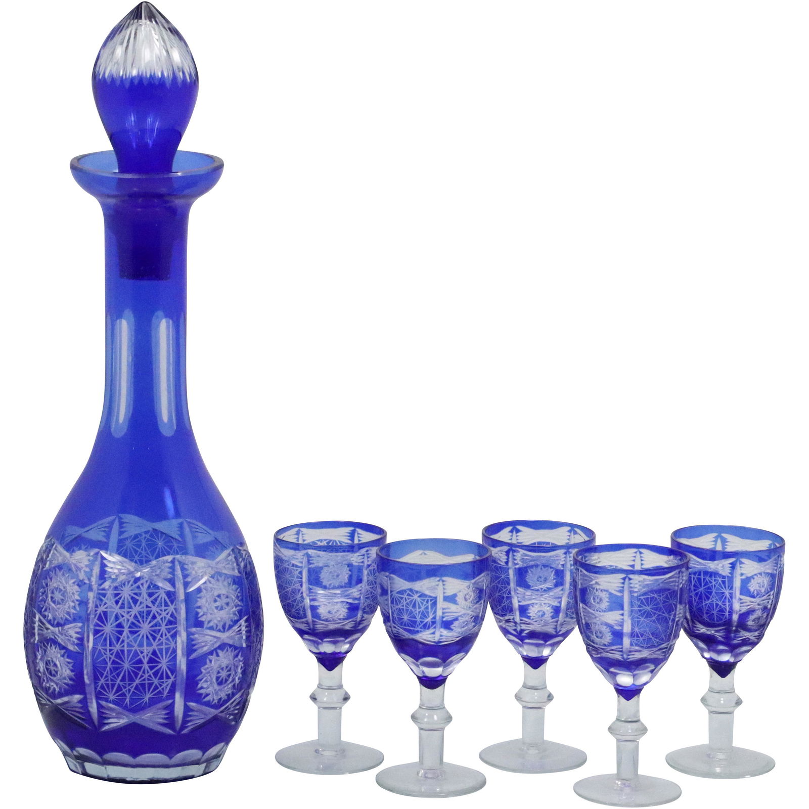 Bohemian Cobalt Blue Cut to Clear Decanter & 5 Cordials (1 of 15)