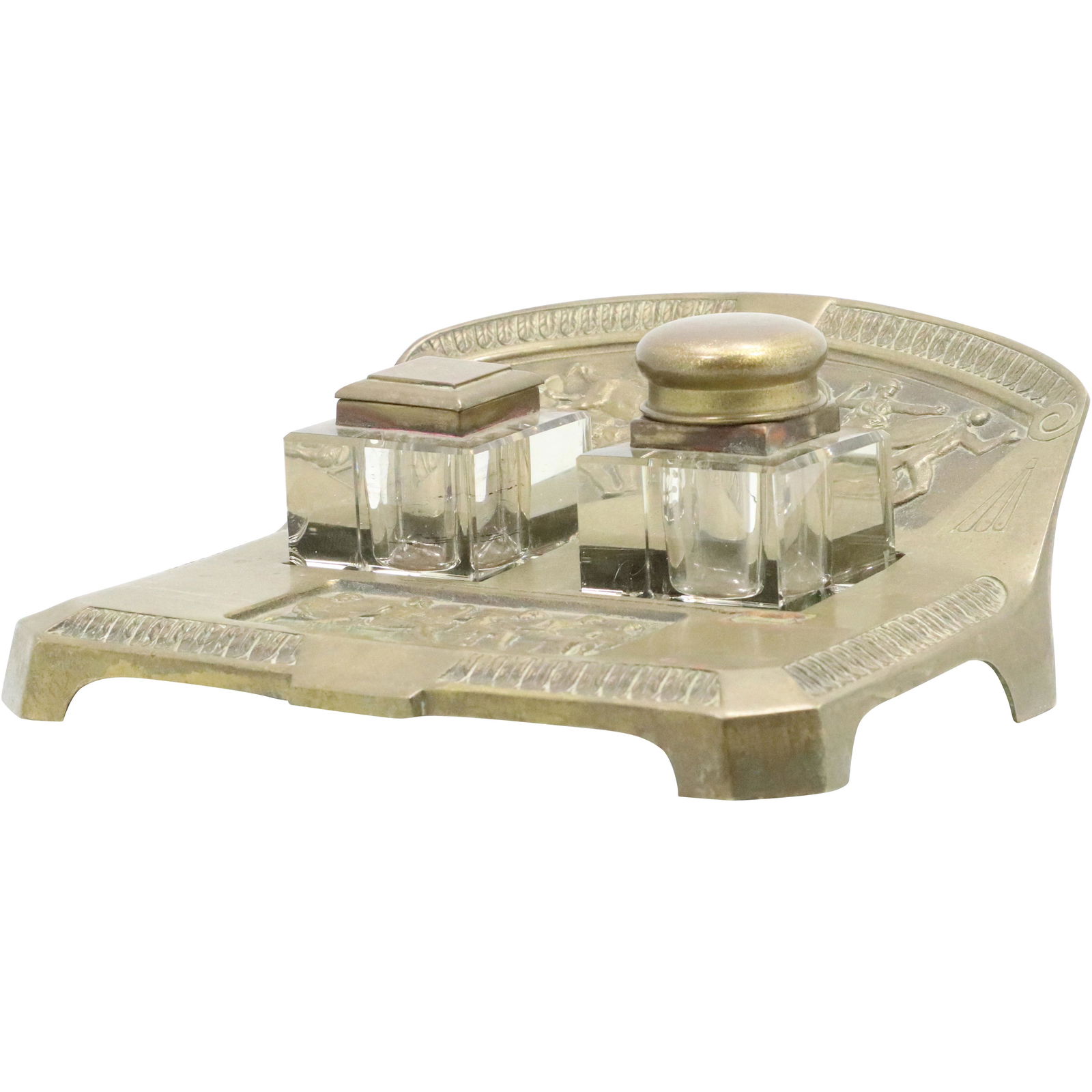 Brass Roman Scene Desk Top Double Inkwell (1 of 15)