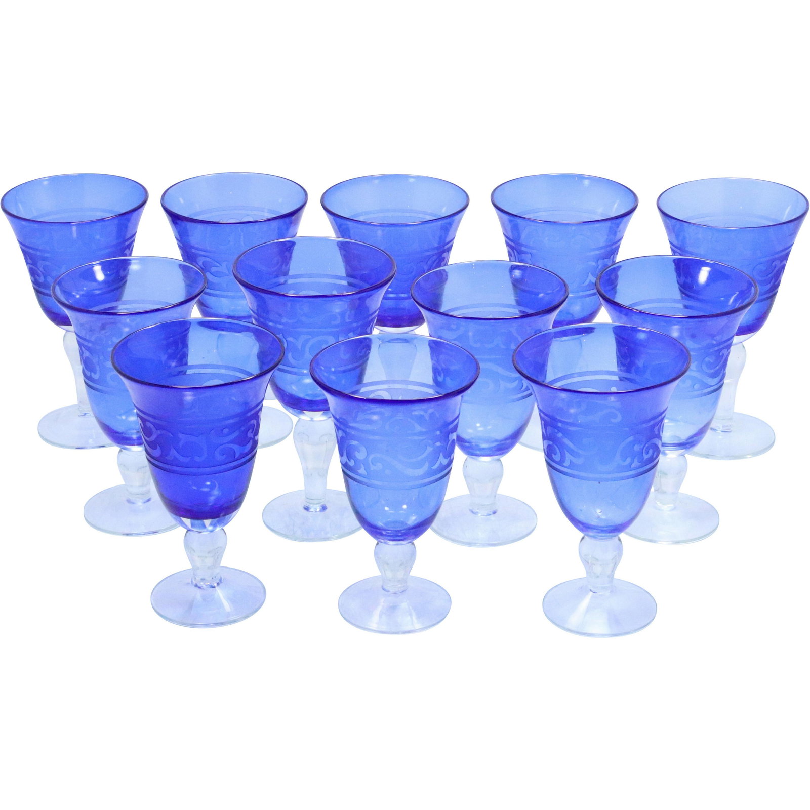 12 Etched Cobalt Blue Cocktail Stemware Glasses: 12 Etched Cobalt Blue Cocktail Stemware Glasses. Size: (x6 lar 7.75 h 4.5 w), (x6 med 7.25 h 4.5 w)
