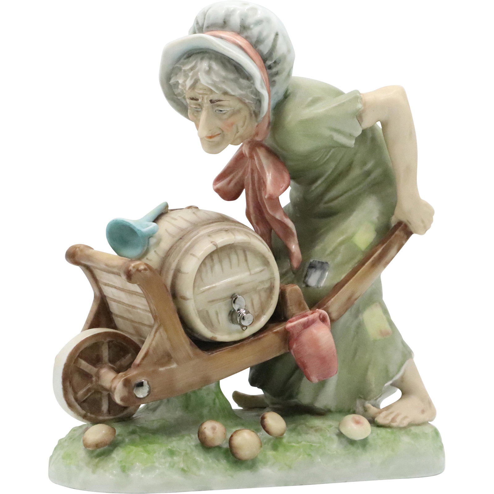 Lipper & Mann Bisque Elder Woman Keg on Wheelbarrow: Lipper & Mann Bisque Elder Woman Keg on Wheelbarrow. Size: 7.25 h 6 w