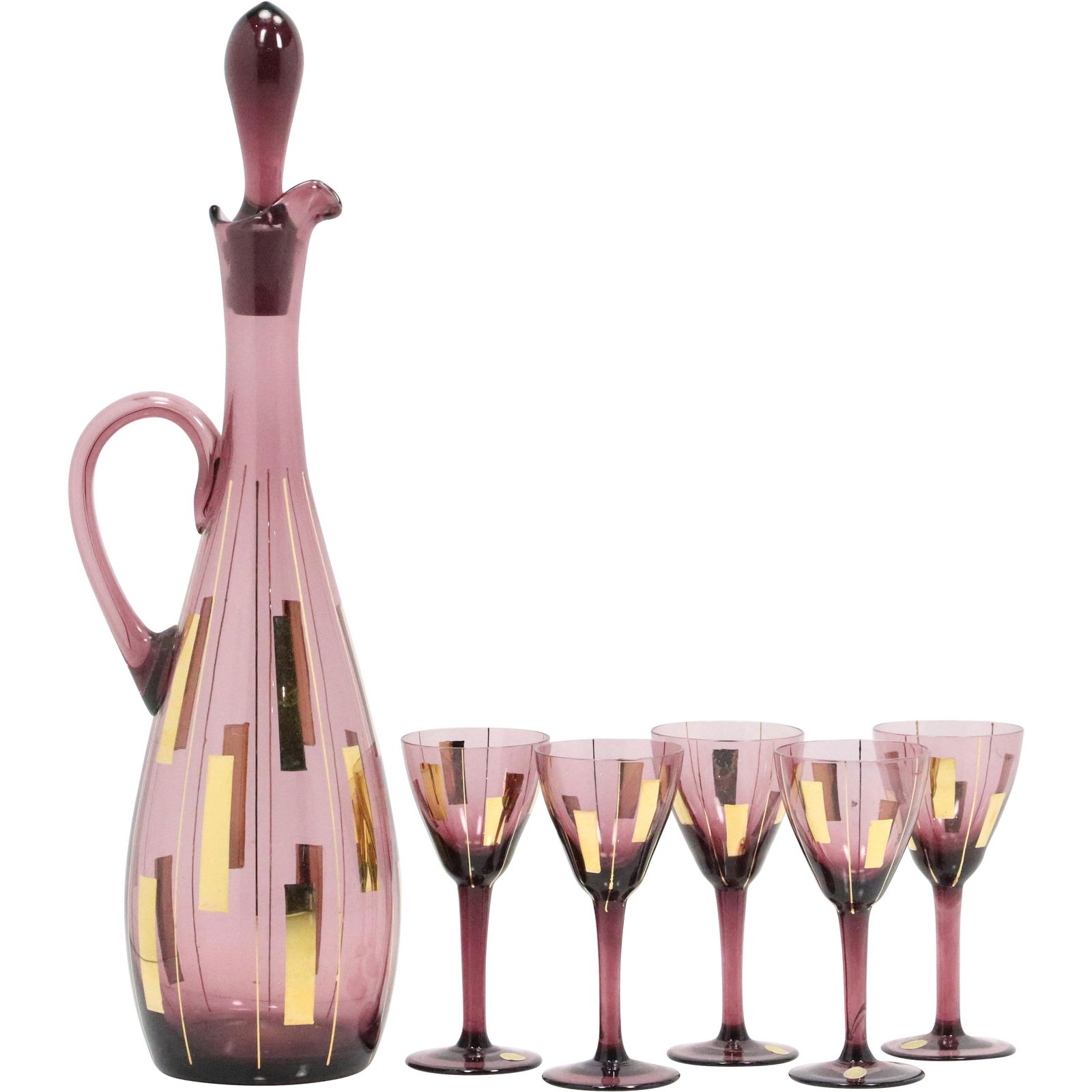 Mid-Century Modern Amethyst Glass Decanter, 5 Cordials (1 of 14)