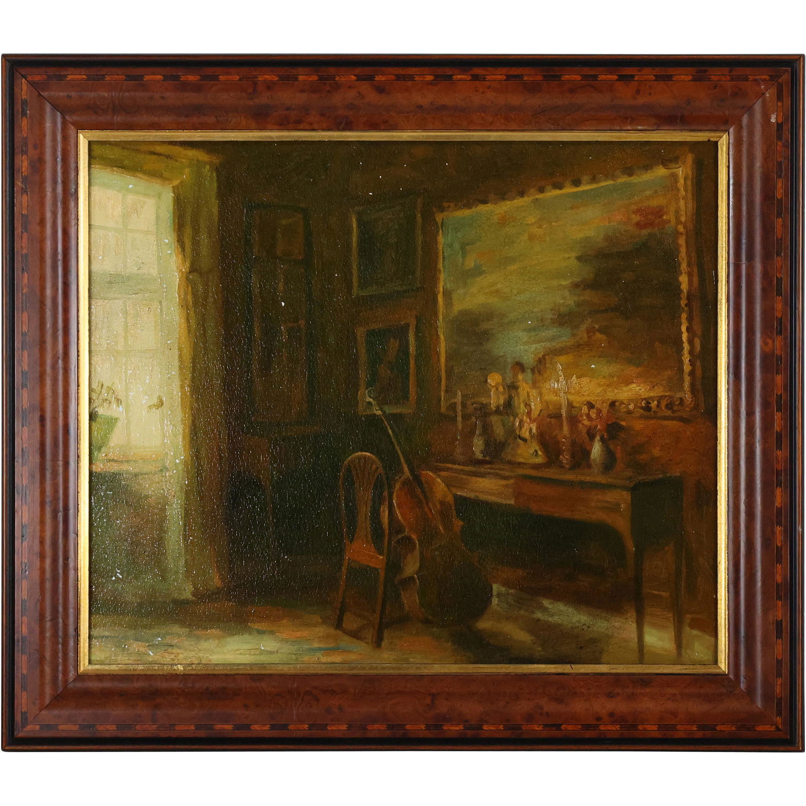 Fine 20th C. Oil Painting Parlor Interior with Cello (1 of 11)
