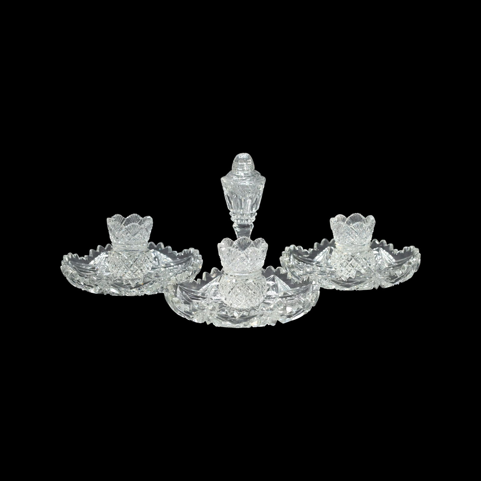 7 Assorted Cut Glass Toothpicks, Berry Bowls, Shaker: 7 Assorted Cut Glass Toothpicks, Berry Bowls, Shaker. size: dish 1 x 6, 2.5 x 2, 5.5 x 2