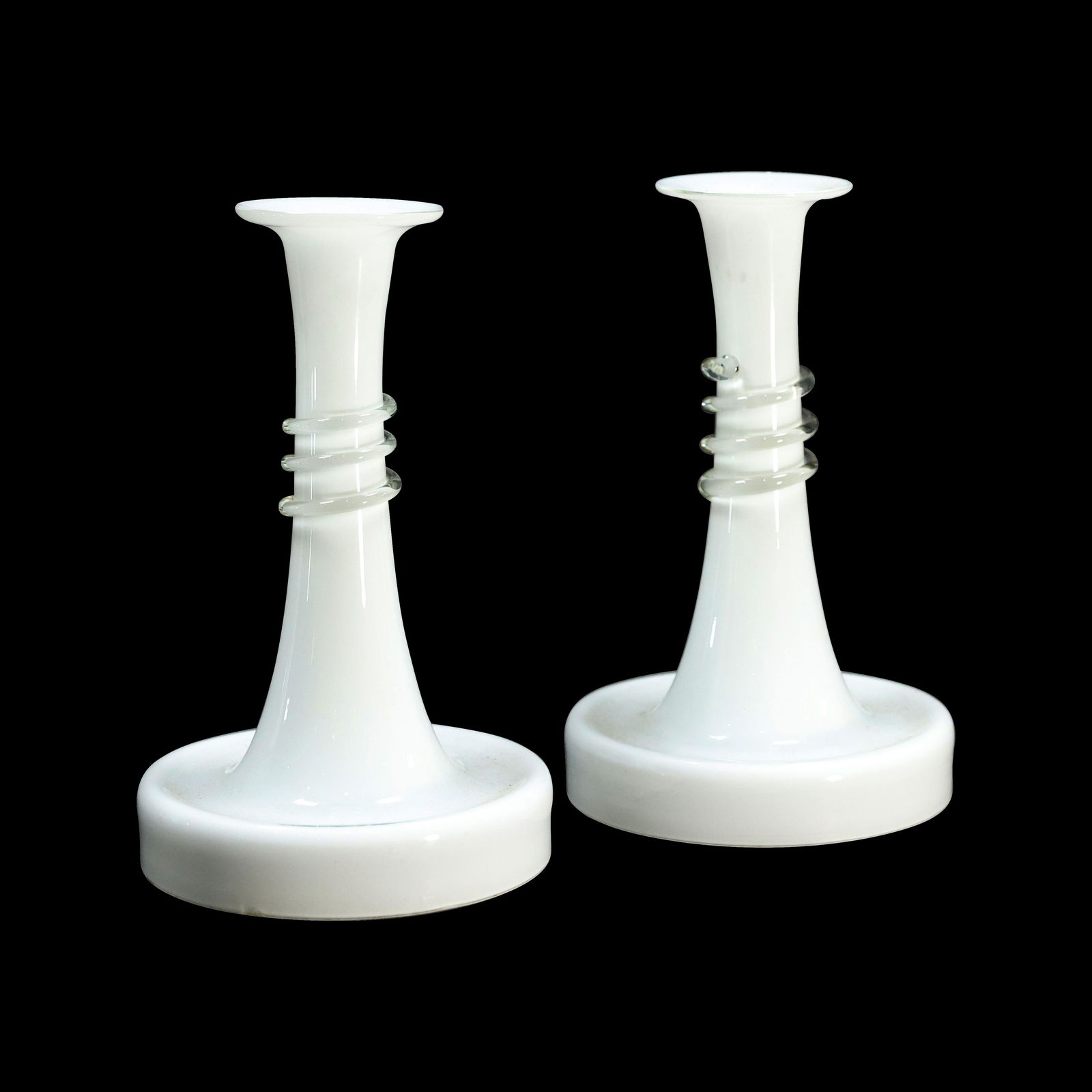 2 Mid-Century White Glass Candlesticks Applied Threads (1 of 5)