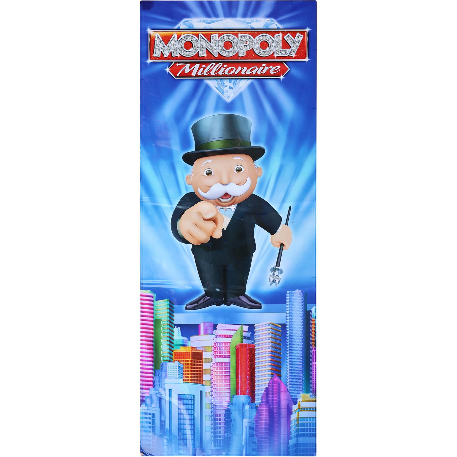 Monopoly Millionaire Gent Over Sky Scrapers Casino Sign: Monopoly Millionaire Gent Over Sky Scrapers Casino Sign. Large Double Laminated Plexiglass Panel 7 ft. 9 in. tall by 3 ft. wide. Great decorator item from an Atlantic City NJ Casino. size: 95 inches x