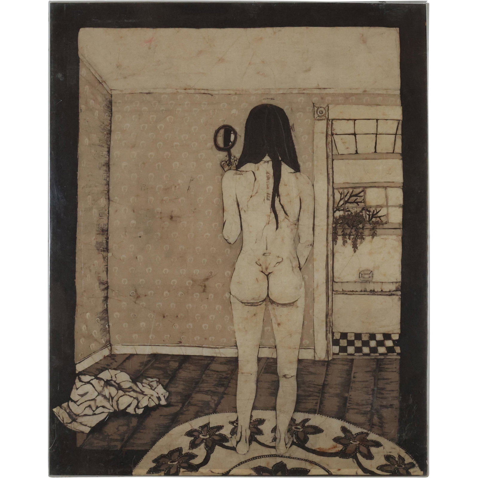 Mid-Century Watercolor Nude Woman Holding Hand Mirror: Mid-Century Watercolor Nude Woman Holding Hand Mirror. Original framing. Vintage. size: 30.5 x 24.5