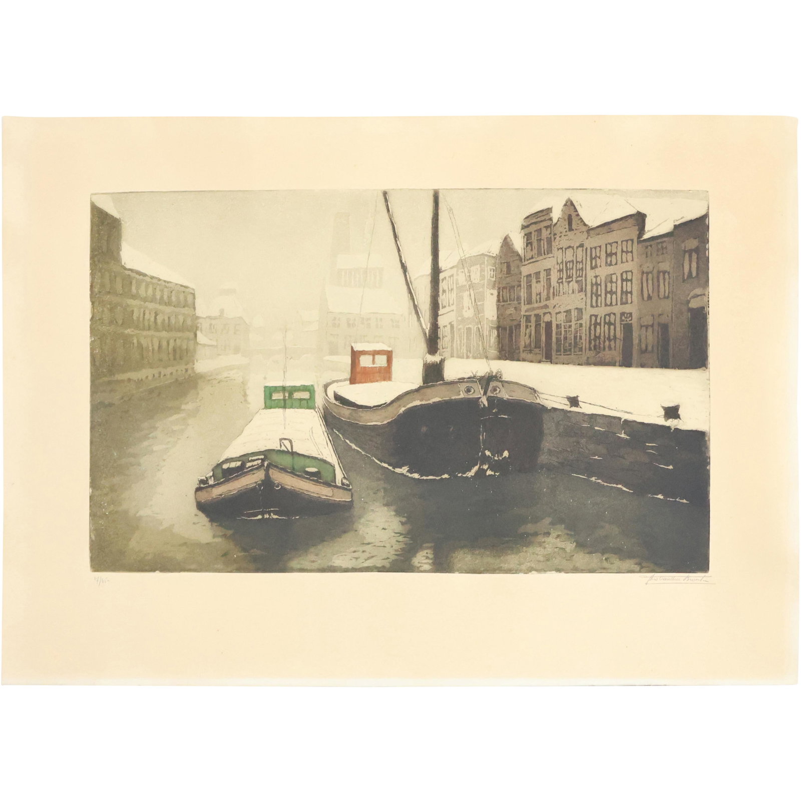 Signed Illegible Lithograph Boats in Canal (1 of 10)