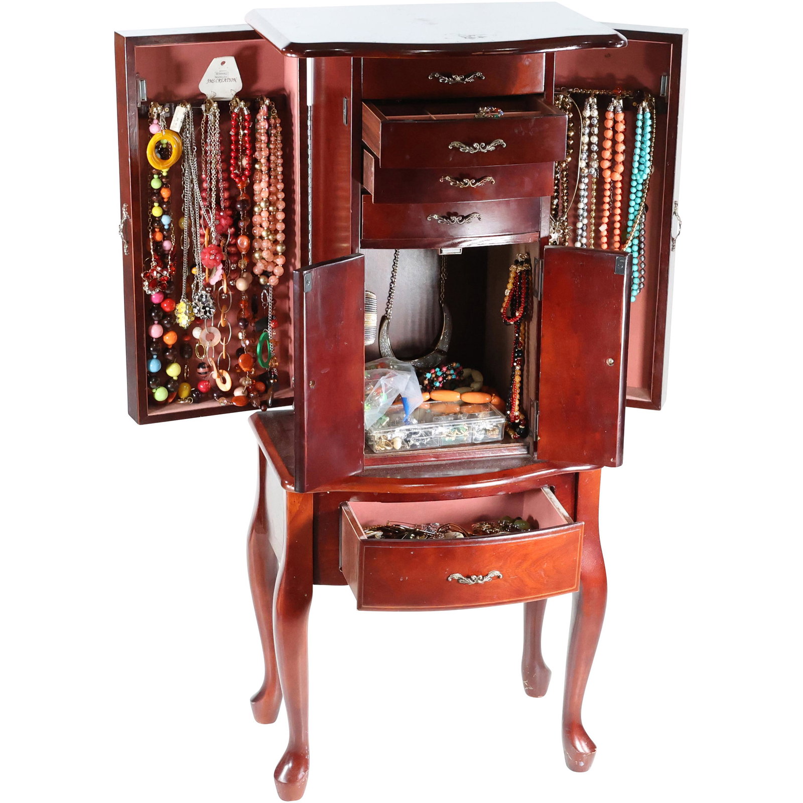 Estate COSTUME JEWELRY Cabinet FULLY LOADED 100s Pieces: Estate COSTUME JEWELRY tall mahogany Cabinet on legs FULLY LOADED 100s Pieces. Size of case: 39.5 x 17 x 15 please view more pictures in our google folder: https://drive.google.com/drive/folders/1giq_