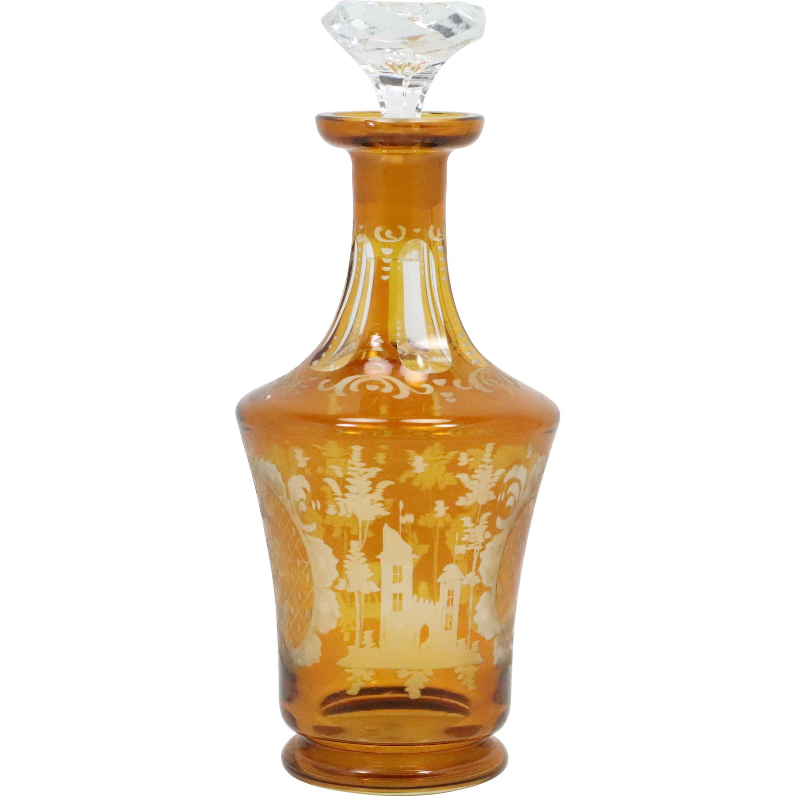 Bohemian Amber Glass Cut to Clear Liquor Decanter, Deer (1 of 12)