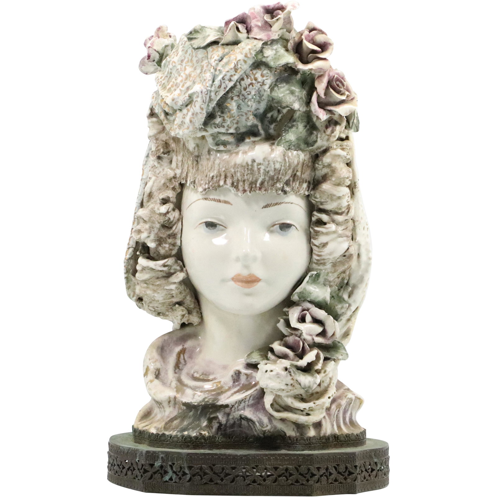 Unique Capodimonte Porcelain Bust of a Fashion Woman: Unique Capodimonte Porcelain Bust of a Fashion Woman. Minor chips on leaves. Size: 16.5h 9.5w