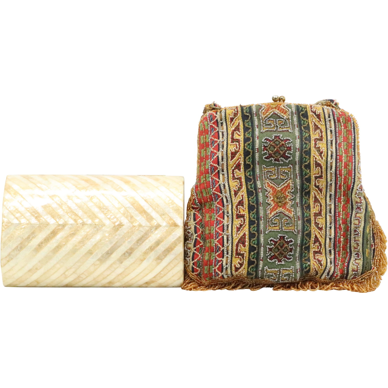 Moorish Beaded Hand Bad and Jorelle Clutch Purse: Moorish Beaded Hand Bad and Jorelle Clutch Purse. Clean. Size: (white 2.5h 7.25w), (color 9h 8.5w)