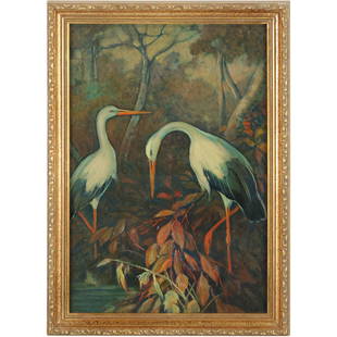 Jessie Arms Botke(attr.to); American Oil Cranes: Jessie Arms Botke(attr.to); American Oil Cranes in a Forest ;Oil on board. Cranes in a Forest. Attributed to Jessie Hazel Arms Botke; 16.5in. X 11.25in.(image), 18.5in. X 13.25in.(outside frame)