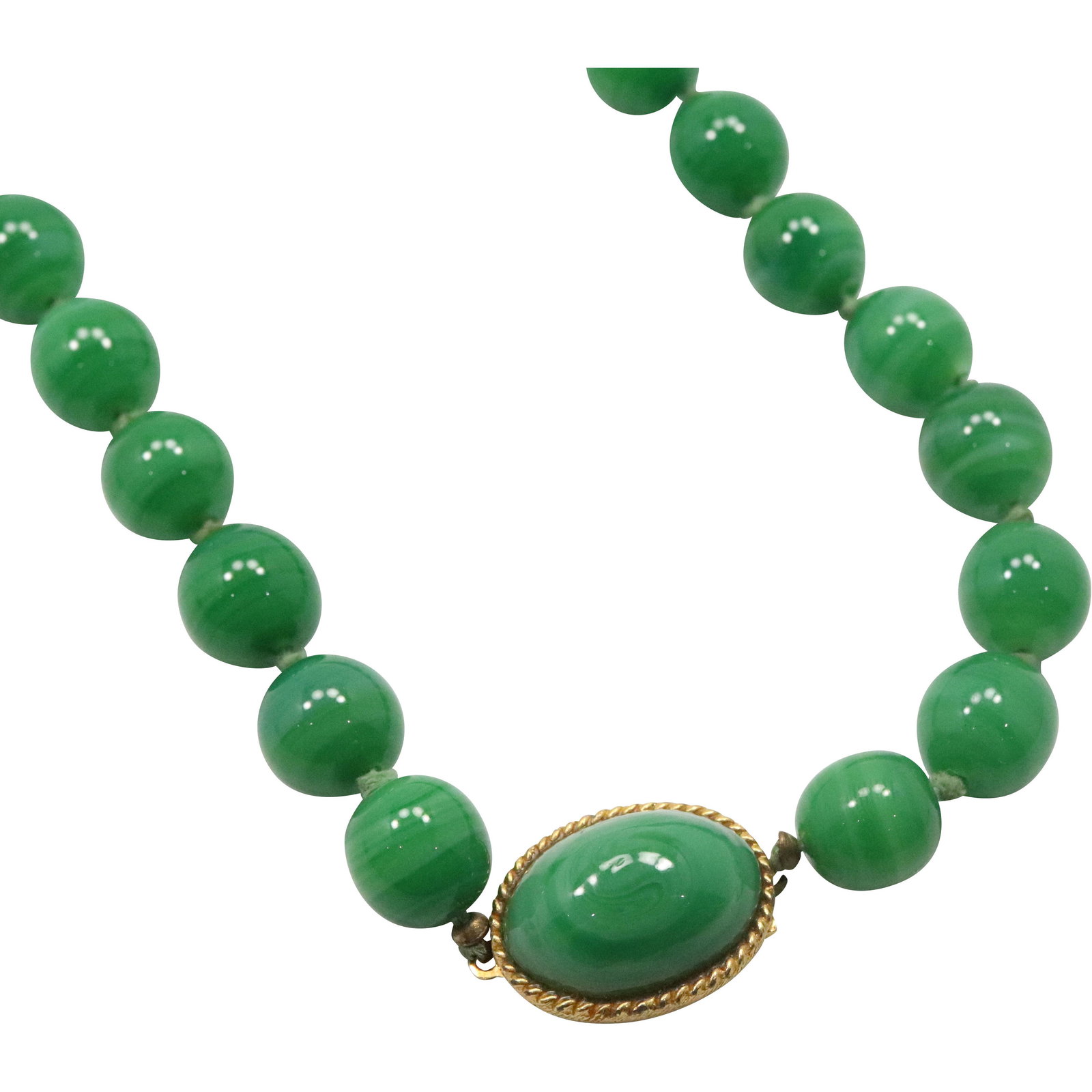 Malachite Beaded Necklace [needs clasp]: Malachite Beaded Necklace [needs clasp]. Size: 24 3/4 in. x 5/8 in.