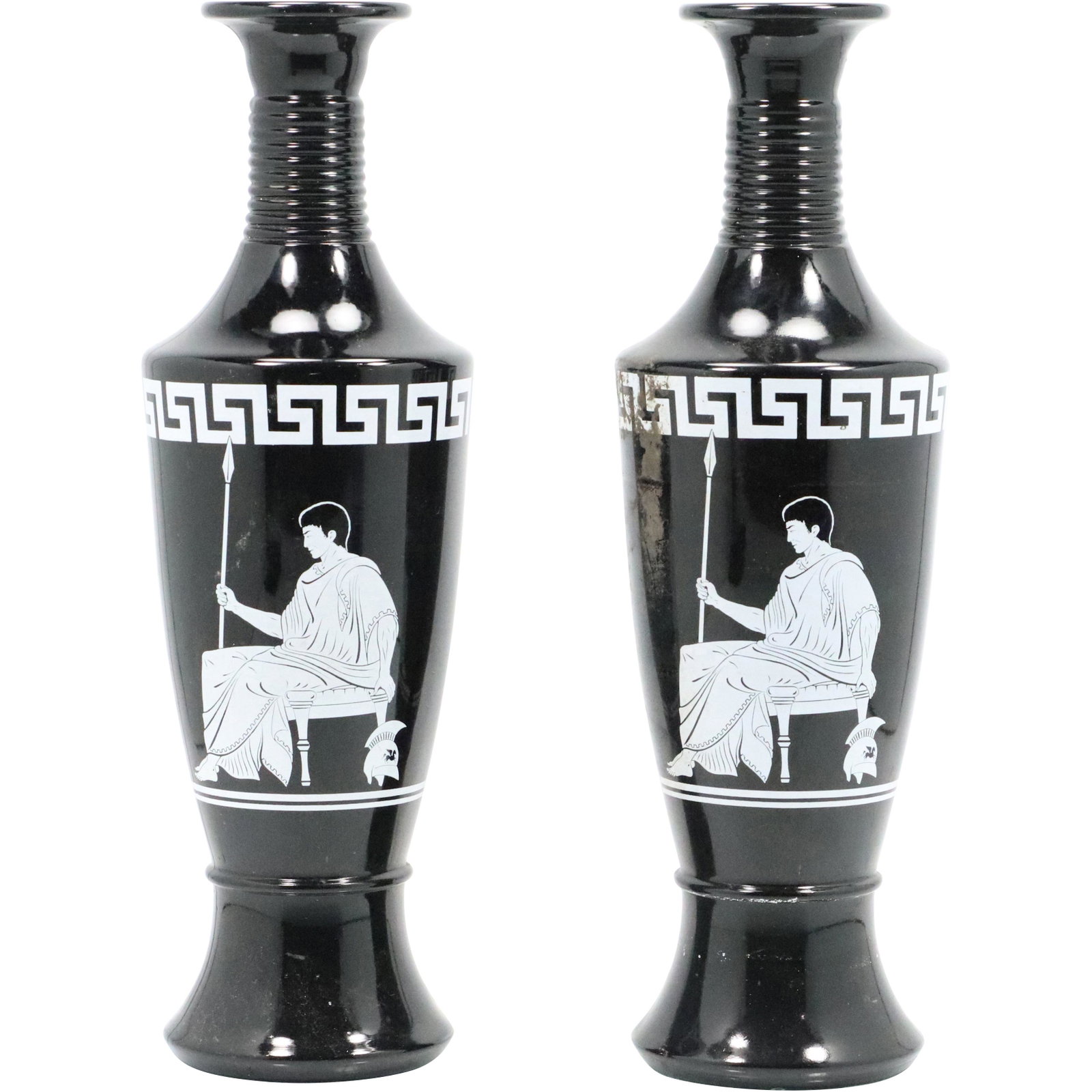 [2] Black Glass Grecian Figure Vases: [2] Black Glass Grecian Figure Vases. Size: 12h 4w