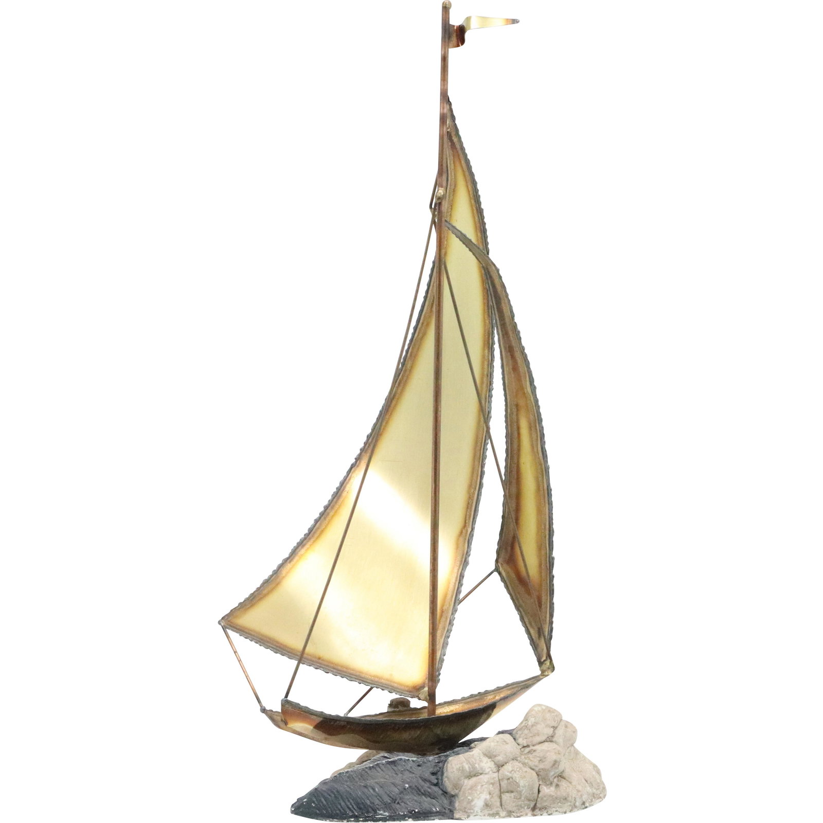 Mario Jason Brass Sailboat Metal Sculpture Onyx Quartz: Mario Jason Brass Sailboat Metal Sculpture Onyx Quartz Base Signed Size: 14.75h 6w